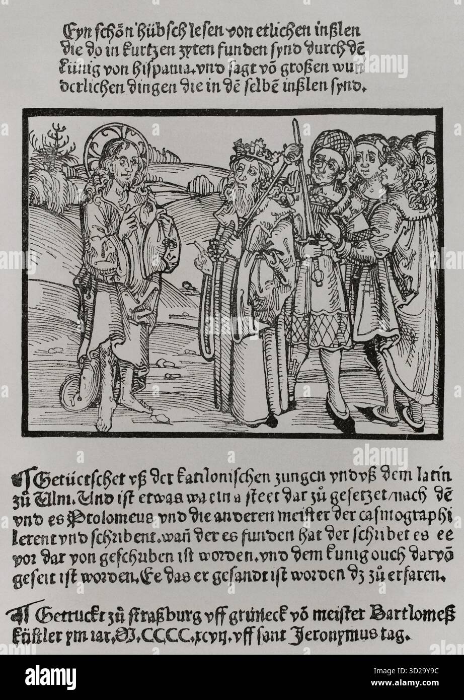 Ferdinando II d'Aragona, chiamato cattolico (1452-1516). Re della Corona d'Aragona. Re di Castiglia come Ferdinando V (1474-1504). La scoperta dell'America nel 1492. Facsimile del frontespizio da una delle lettere del 1493 che annunciavano la scoperta delle Indie, una versione tedesca stampata da Bartholomeus Kistler, datata 30 settembre 1497 a Strasburgo. Era una traduzione tedesca dal catalano e dal latino. Gesù Cristo appare al re di Spagna chiedendogli di convertire i pagani. Incisione. America. Storia della sua scoperta dai tempi primitivi all'era moderna, scritta da Rodolfo Cronau. V Foto Stock