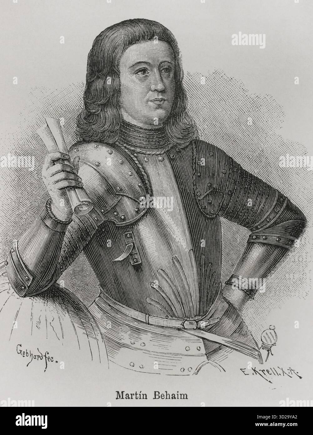 Martin Behaim (1459-1507), noto anche come Martin di Boemia. Mercante tessile tedesco, cartografo e astronomo. Servì il re Giovanni II del Portogallo come consigliere in materia di navigazione, prendendo parte a un viaggio in Africa occidentale. Verticale. Incisione di E. Krell dopo un'illustrazione di Gebhard, c. 1853. America. Storia della sua scoperta dai tempi primitivi all'era moderna, scritta da Rodolfo Cronau. Volume I. pubblicato a Barcellona, 1892. Foto Stock