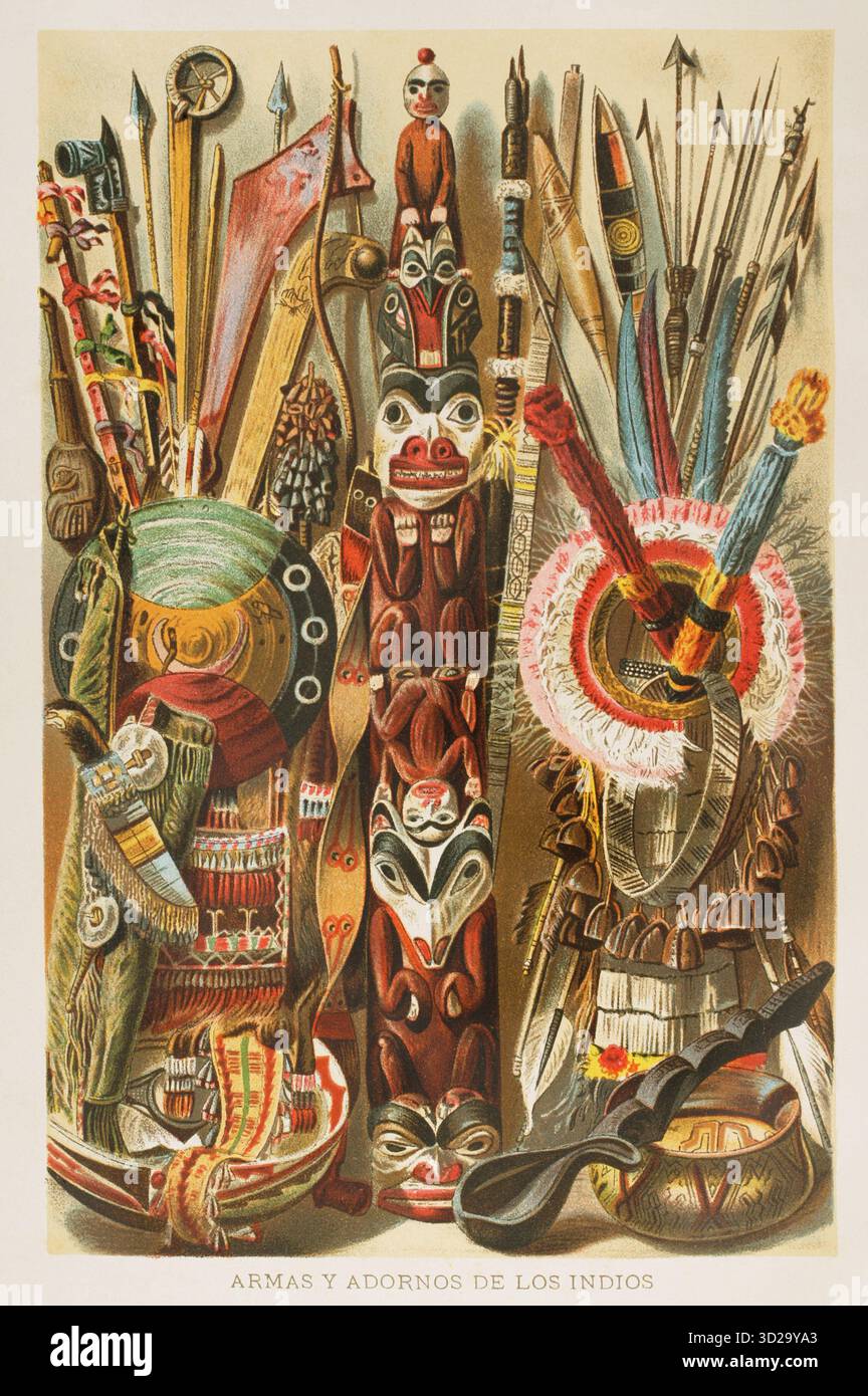 Armi, utensili e ornamenti degli indiani d'America. Nord America: 1) club di legno del Tsimshian; 2) flauto da ballo di guerra dei Sioux; 3) tubi del piede Nero; 4) freccia degli Apache; 5) club di palla dei Muscogee; 6) freccia opaca degli Apache; 7) tomahawk di pietra; 8) arco degli Apache; 9) club di legno; 10) colonna di casa degli Haida; 11) scudo danzante; 12) pipa da tabacco; 13) pupaffuto; 13) pupaffuto; 14) pupaffuto; 16) lontra, medicina; 17) tasca di caccia del popolo Cherokee; 18) ciotola del Pueblo, Arizona. Sud America: 19) piume decorano Foto Stock
