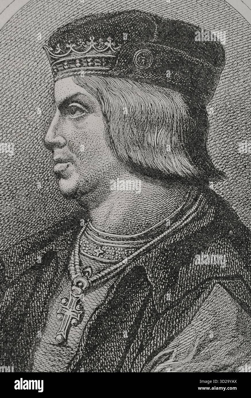 Ferdinando II d'Aragona, chiamato cattolico (1452-1516). Re della Corona d'Aragona. Re di Castiglia come Ferdinando V (1474-1504). Verticale. Incisione. Foto Stock