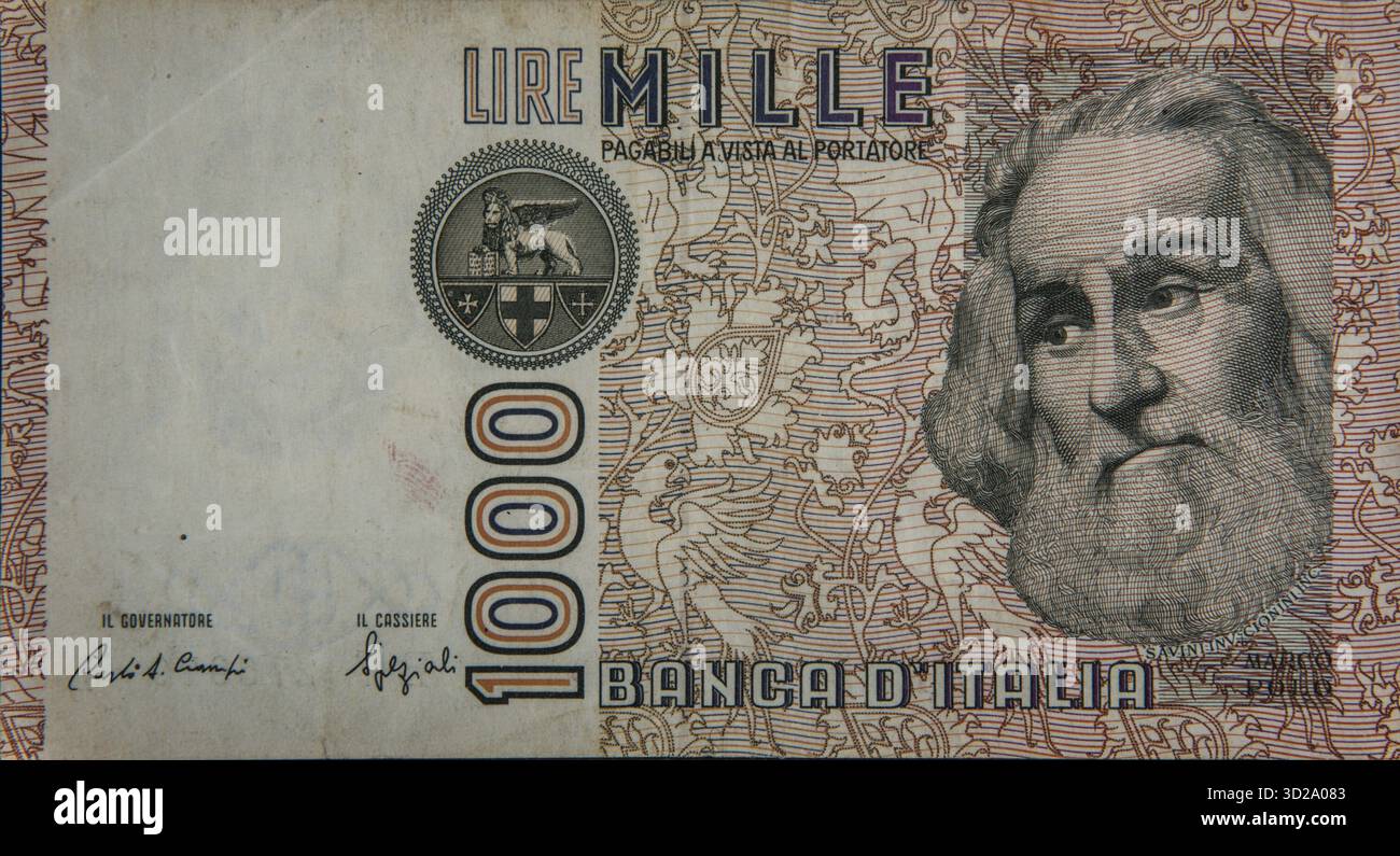 Marco Polo (1254-1324) è stato un esploratore veneziano, che viaggiò in Asia. Ritratto su una vecchia banconota italiana da 1000 lire Foto Stock