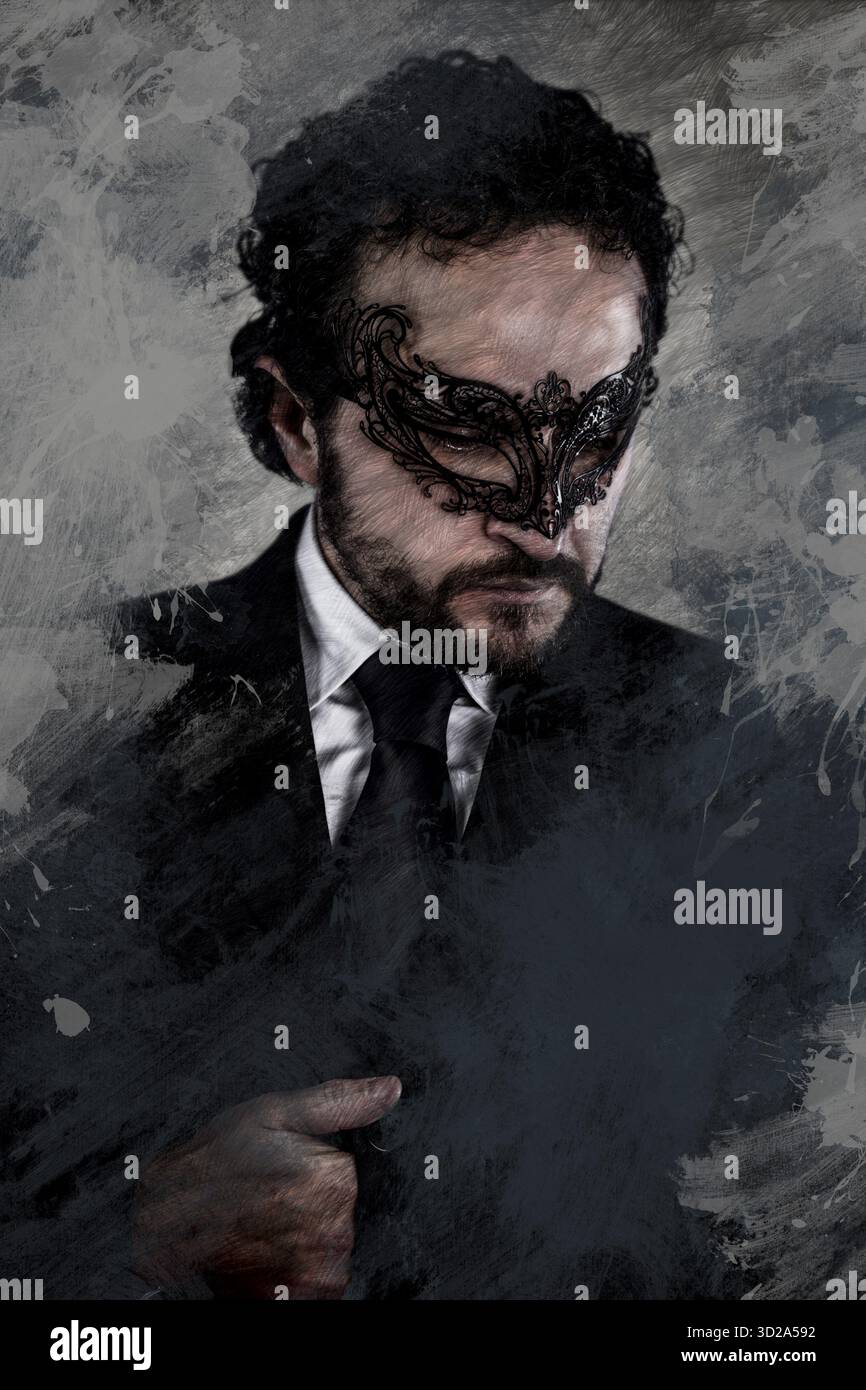Immagine artistica del veneziano mistero mascherato uomo ed elegante abito nero Foto Stock