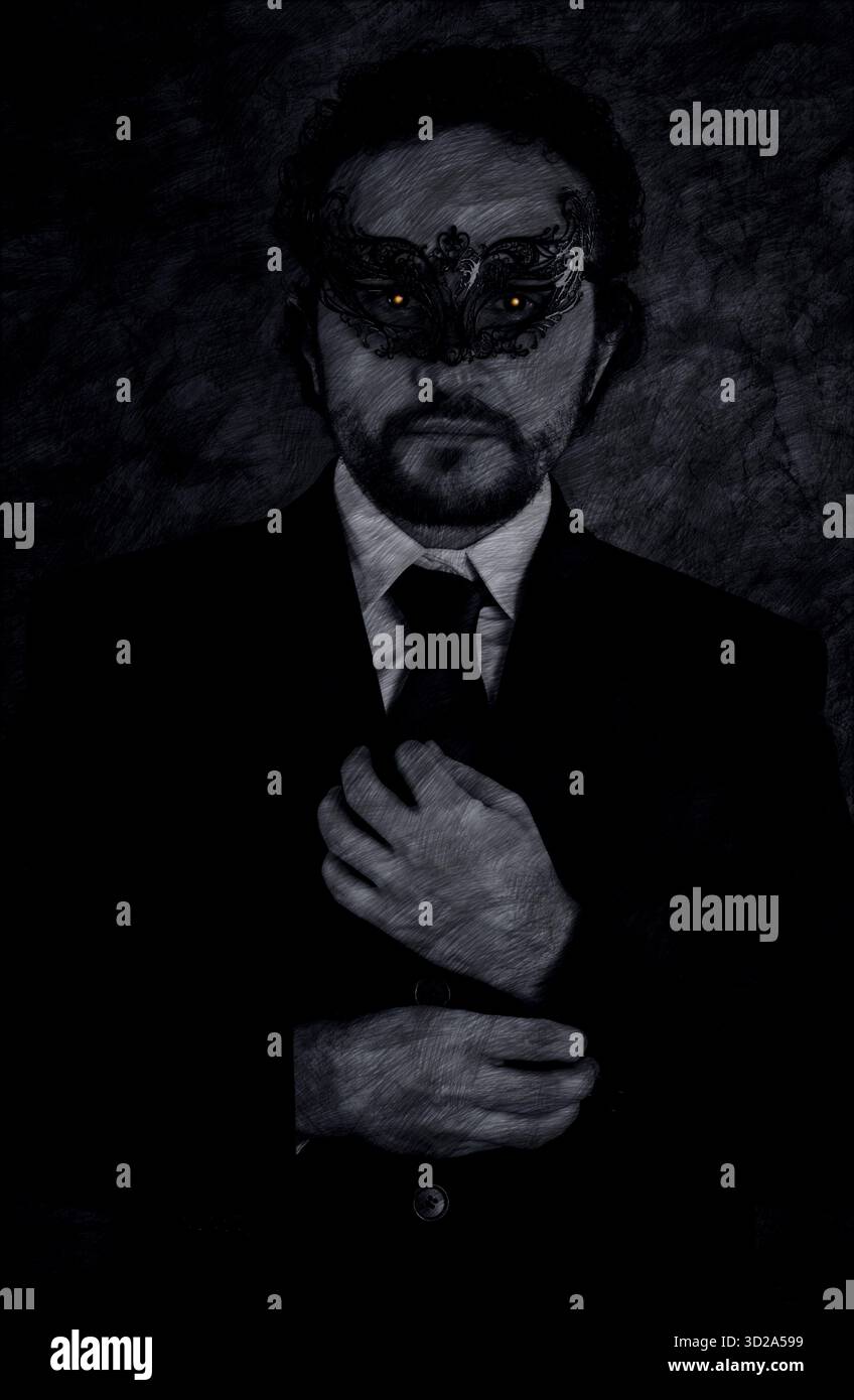 Immagine artistica di vampire mascherato uomo di mistero e di elegante abito nero Foto Stock