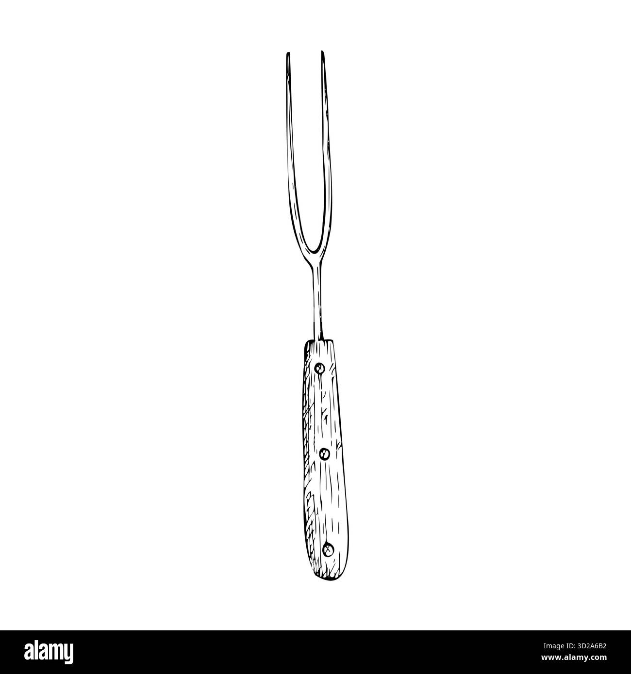 Forchetta di carne vettoriale. Illustrazione grafica degli utensili da cucina a inchiostro per barbecue, isolata sullo sfondo. Schizzo della linea disegnata a mano. Per designer, stampe, logo Illustrazione Vettoriale