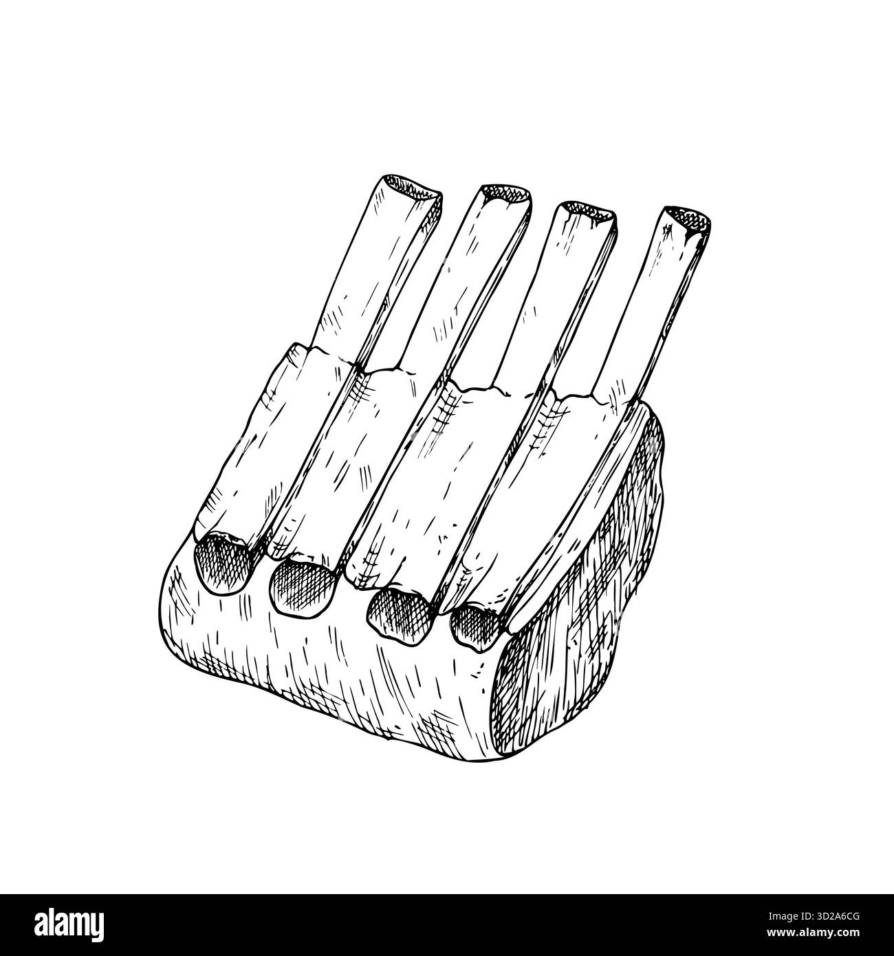 Carne vettoriale sulle costolette. Illustrazione grafica a inchiostro di maiale o manzo, isolata sullo sfondo. Schizzo della linea disegnata a mano. Per designer, stampe, logo, icona Illustrazione Vettoriale