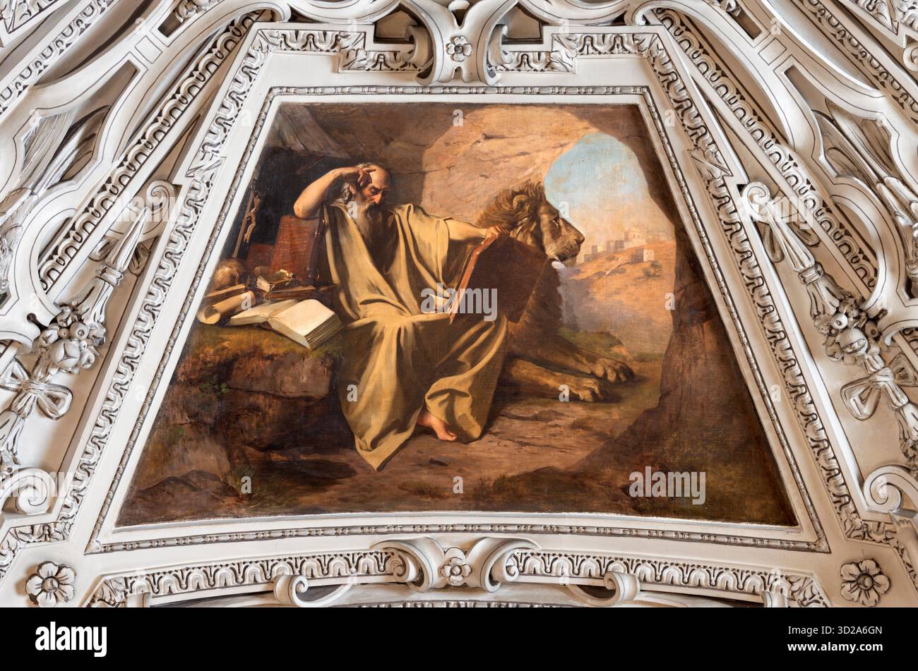 SALISBURGO, AUSTRIA - 6 SETTEMBRE 2025: Il dipinto di San Girolamo nella cattedrale di Ludwig Glötzle della seconda metà del 19. centesimi. Foto Stock