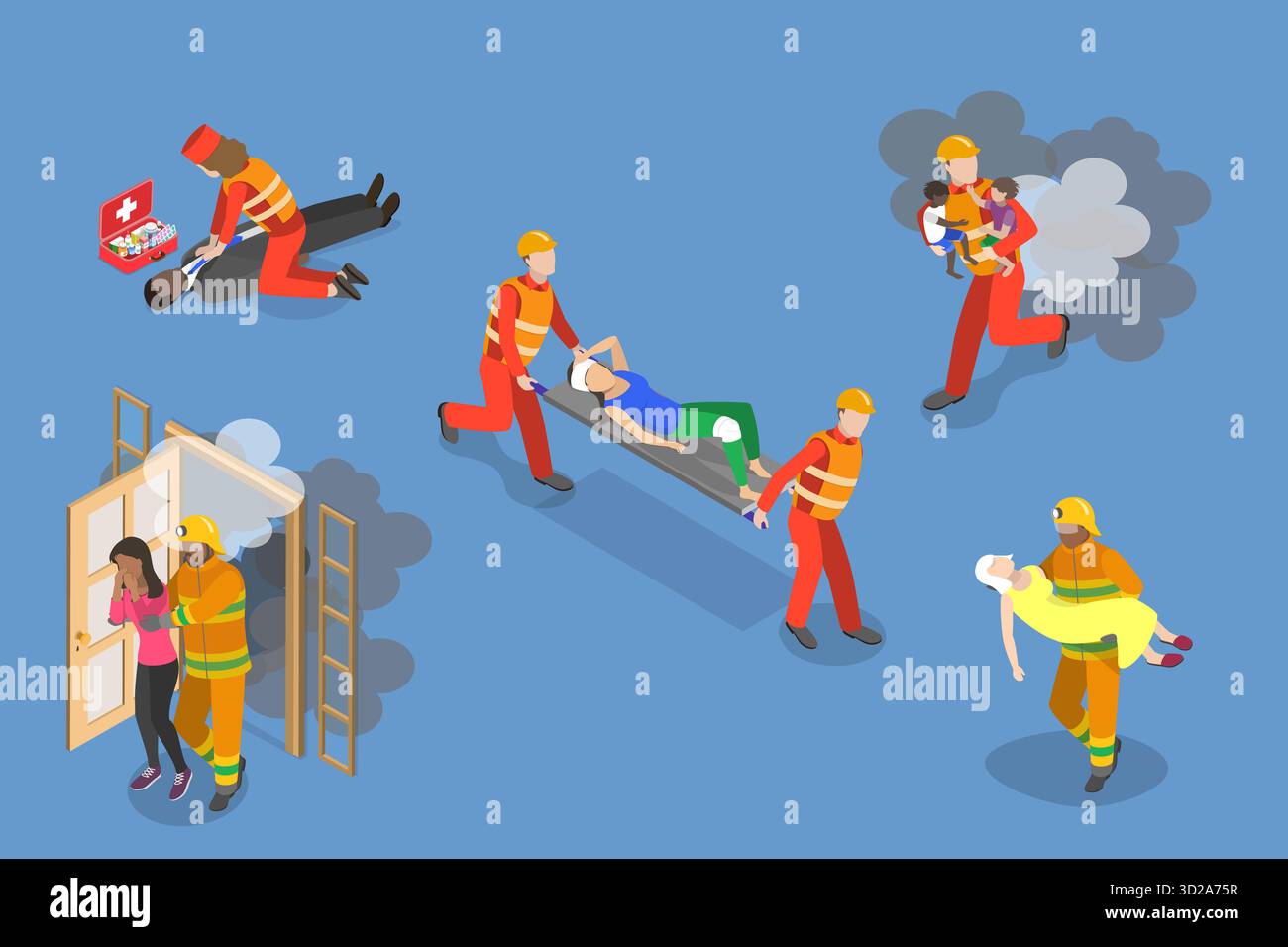 Set piatto isometrico 3D di servizi di soccorso, pronto soccorso per annegamento e vittime di incendi Foto Stock