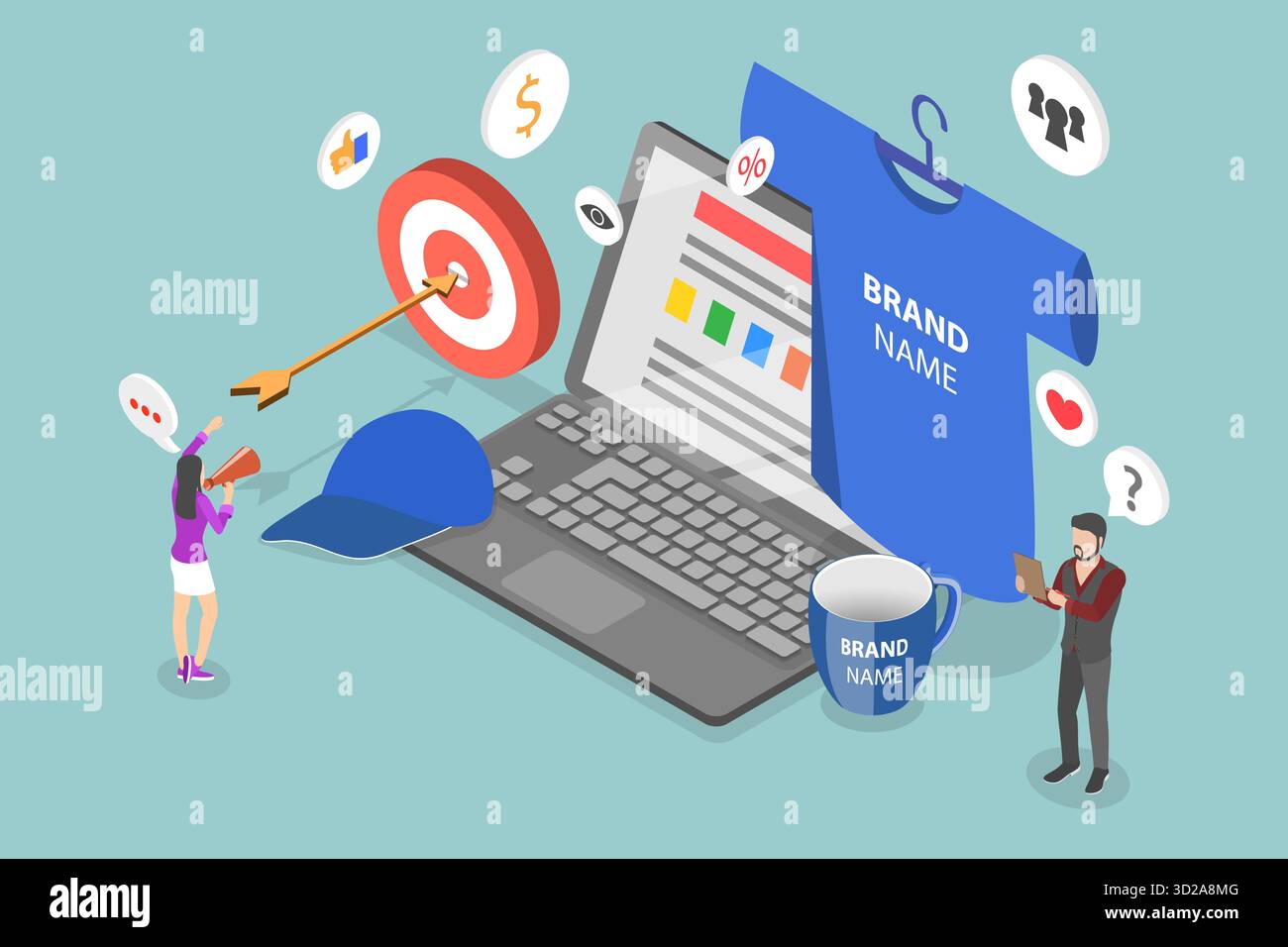 Illustrazione concettuale piatta isometrica 3D dei prodotti con logo aziendale, design con marchio illustrazione concettuale piatta isometrica 3D dei prodotti con logo aziendale, design con marchio Foto Stock