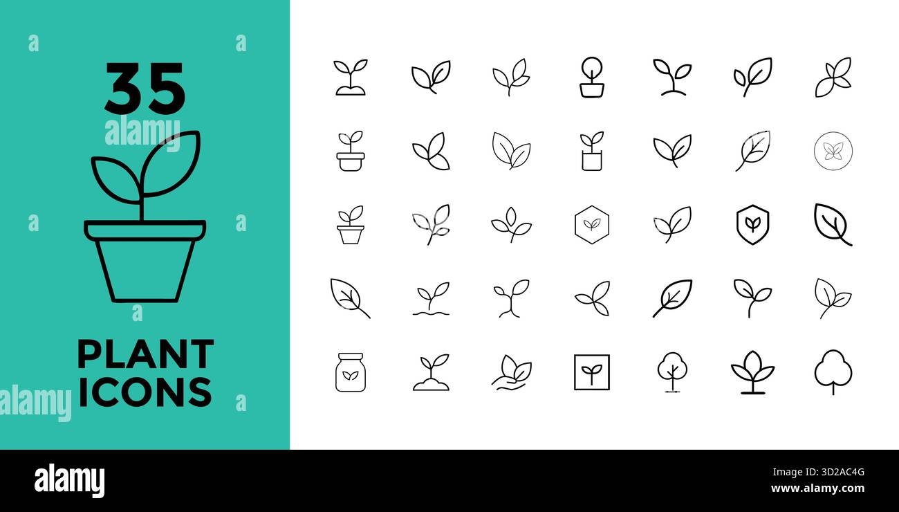 Collezione di trentacinque icone minimaliste di piante raffiguranti la crescita e la natura su sfondo bianco. Illustrazione Vettoriale