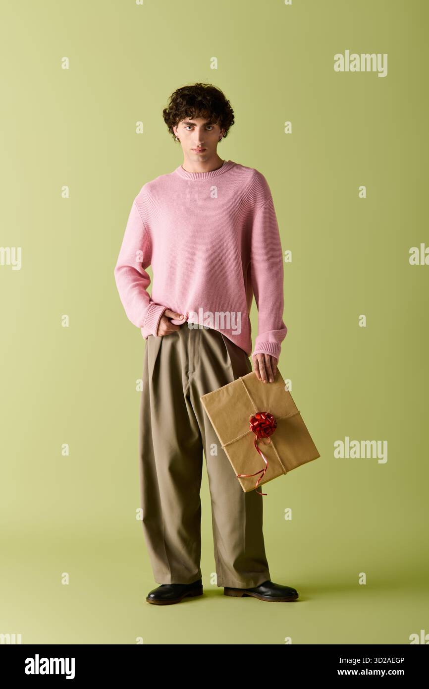 Un bell'uomo che indossa un maglione rosa e un pantalone abbronzato è in piedi con sicurezza, tenendo in mano un regalo avvolto. Foto Stock