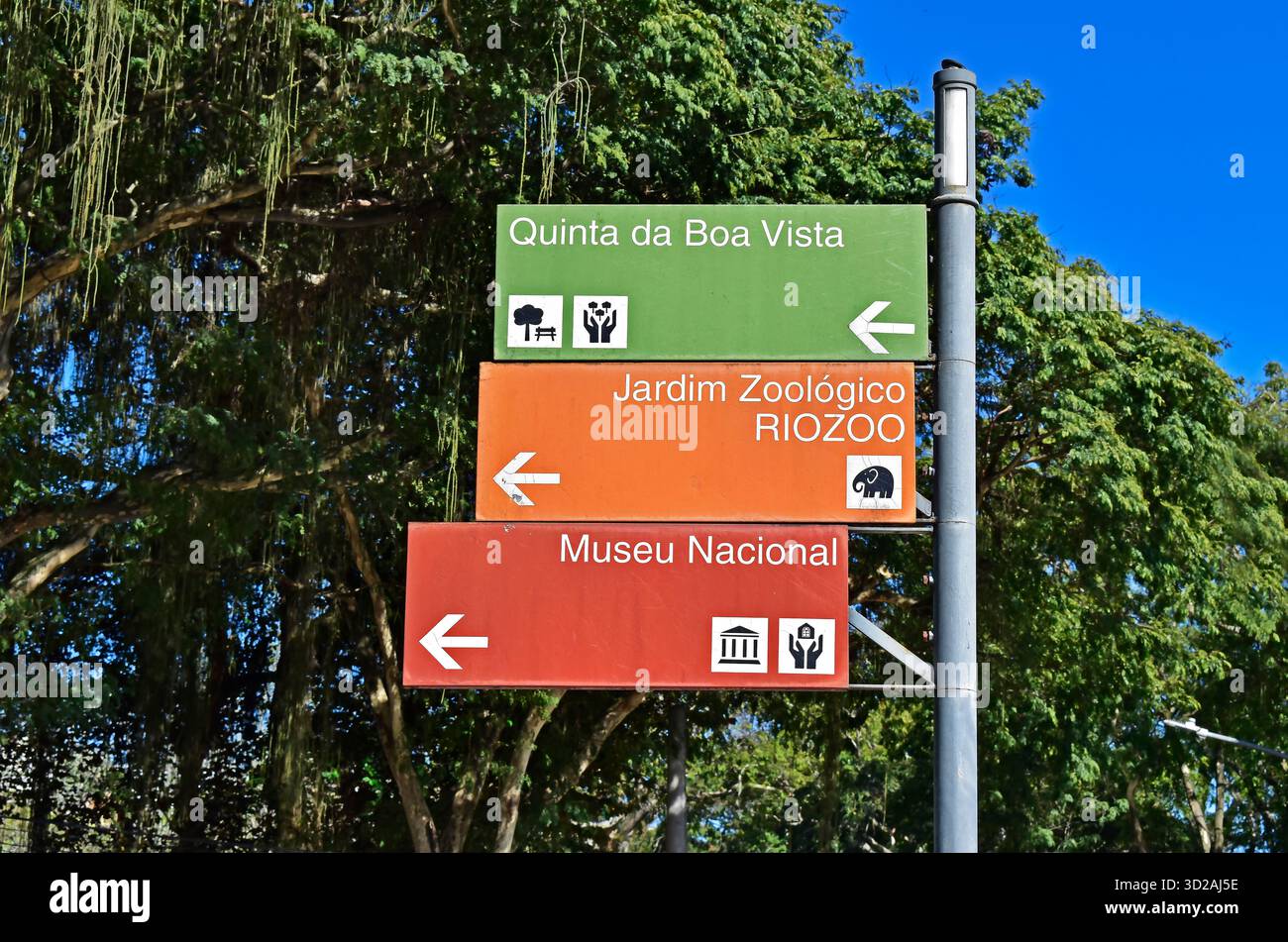 RIO DE JANEIRO, BRASILE - 24 ottobre 2025: Cartello stradale che indica la strada per la Quinta da Boa Vista, il Bio Park (Zoo) e il Museo Nazionale Foto Stock