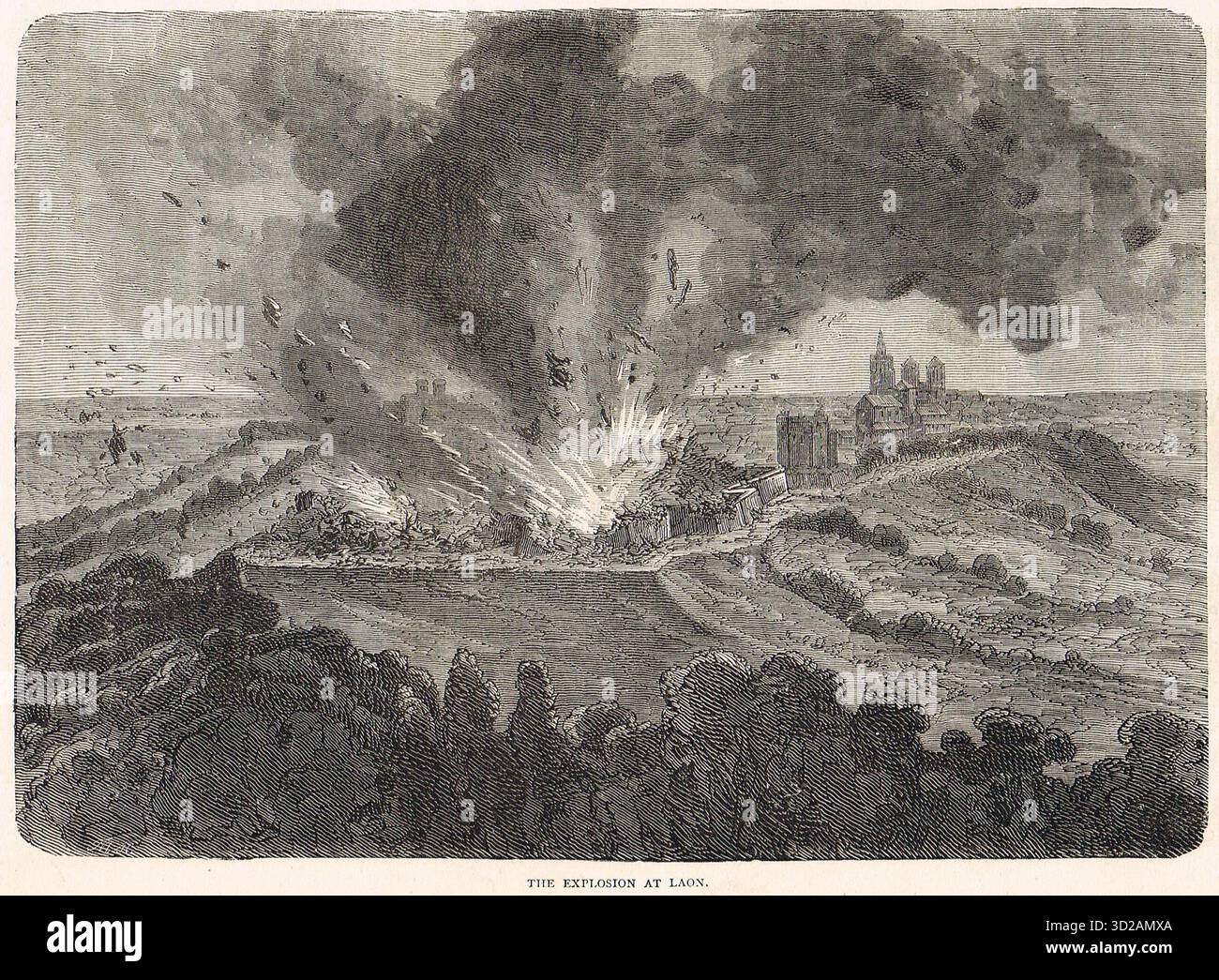 L'esplosione della torre della polvere alla Cittadella di Laon, il 9 settembre 1870, durante la guerra franco-prussiana Foto Stock