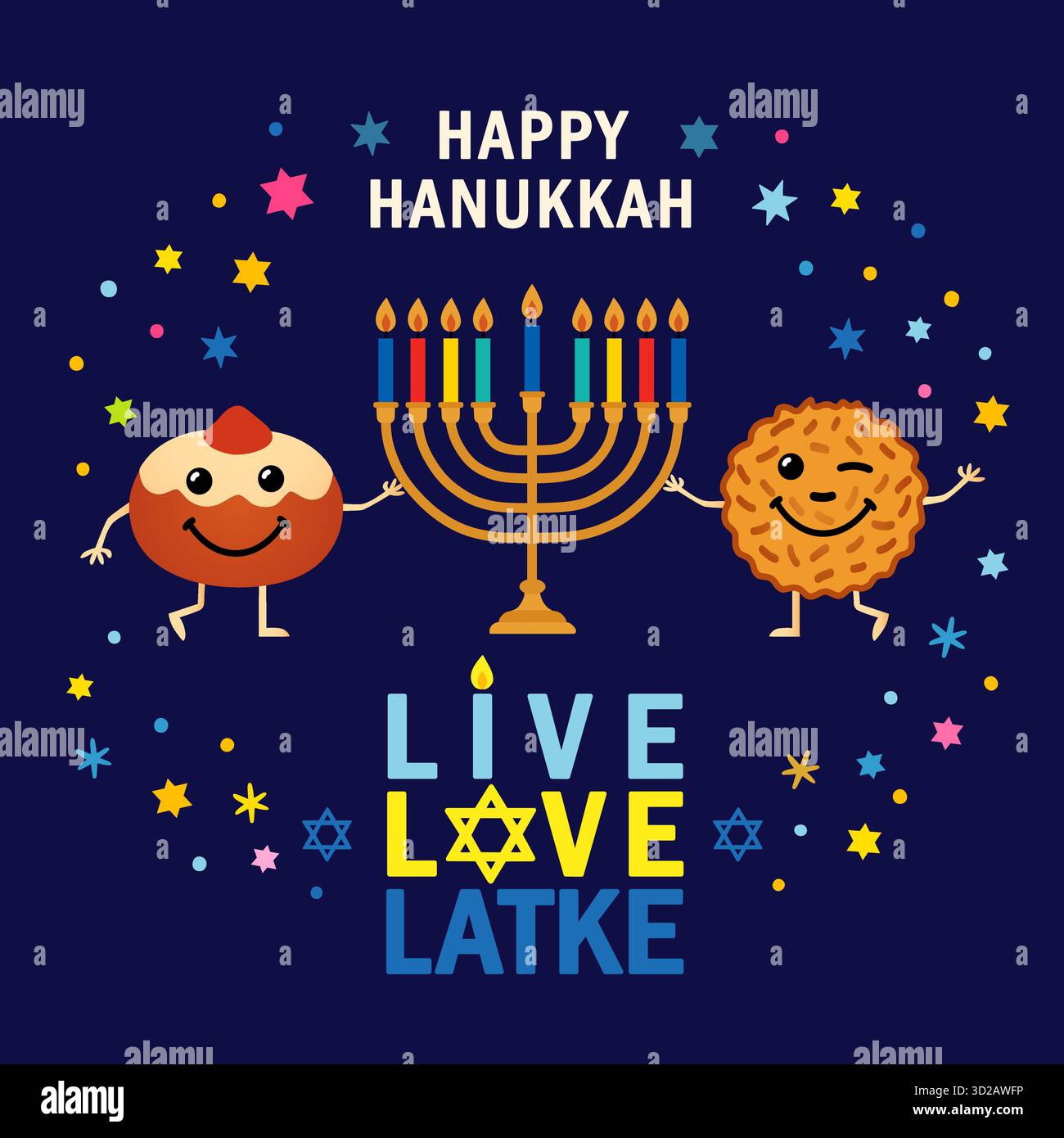 Carta creativa Happy Hanukkah con divertenti emoji sufganiyot e latke e menorah colorata. Live, Love, Latke - illustrazione vettoriale Illustrazione Vettoriale