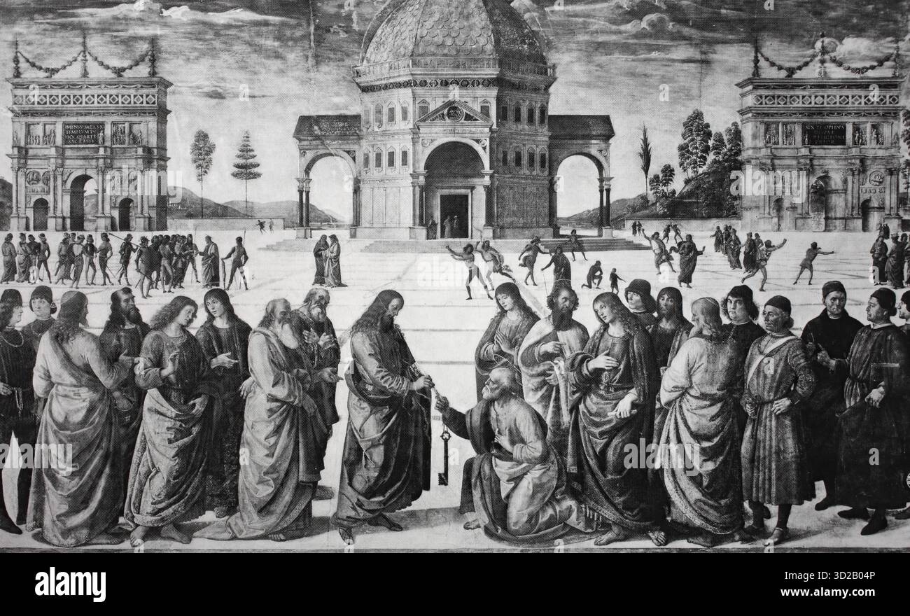 Die Schlüsselübergabe an Petrus, 1482, Pietro Perugino, Sixtinische Kapelle, Vatikan, Digital Verbesserte Reproduktion einer Vorlage aus dem 19. Jahrh Foto Stock