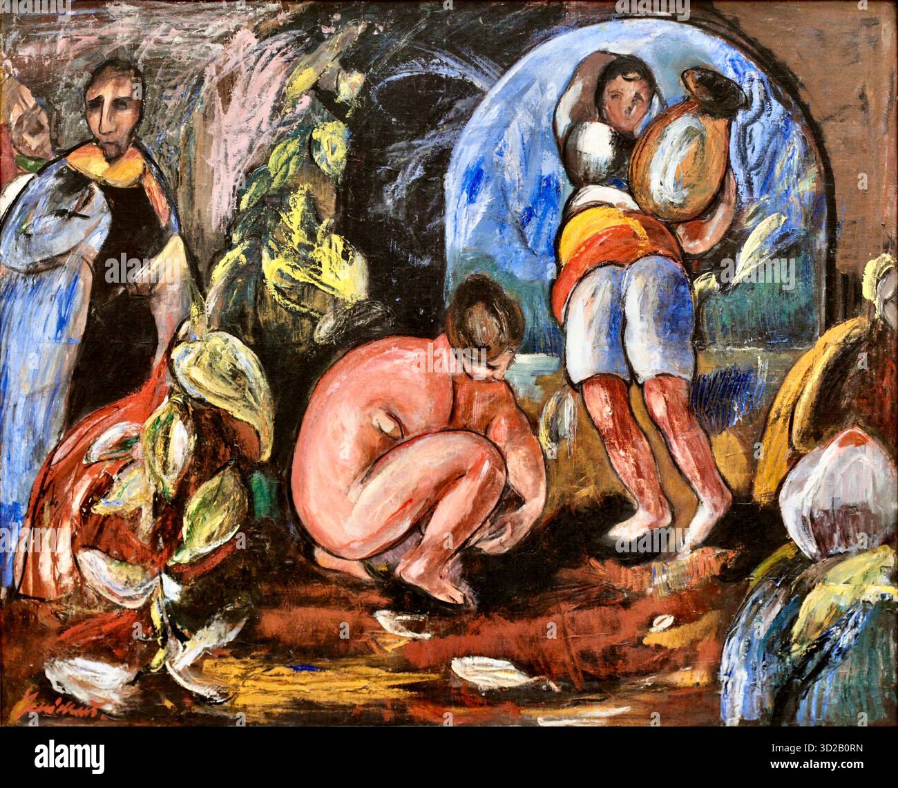 Jens Adolf Jerichau - Susanna and the Elders - 1916 - Jens Adolf Jerichau (1890-1916) è stato un pittore danese noto per le sue opere espressive e simboliche. Il dipinto raffigura la storia biblica di Susanna e degli anziani dal Libro di Daniele. La storia racconta di Susanna, una donna virtuosa, che viene spiata da due anziani mentre si bagna. L'opera di Jerichau è caratterizzata dai suoi colori audaci e da uno stile che è stato notato per aver ispirato artisti successivi. Foto Stock