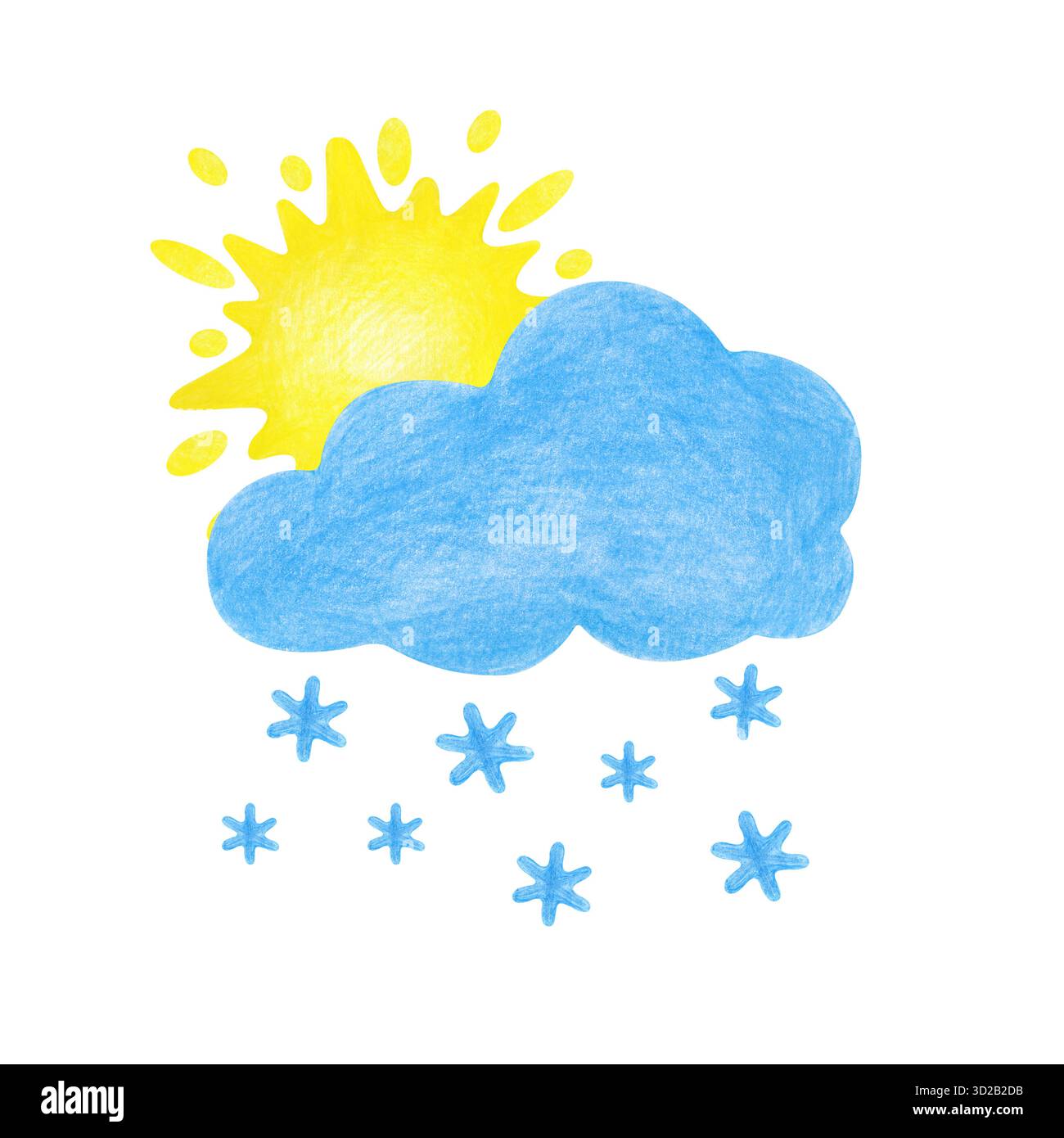 Una composizione con il sole che si nasconde dietro una nuvola di neve, disegnata a mano. Disegno di un fenomeno meteorologico in matite colorate, isolate su un bianco Foto Stock