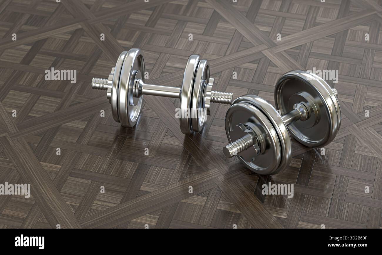 manubri lucidi pavimento in legno scuro 3d. Foto Stock