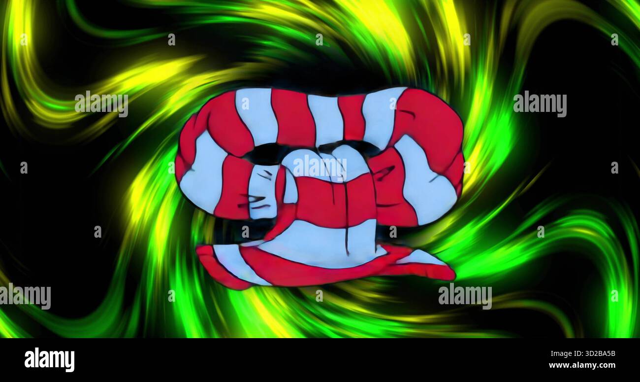Forma a strisce rosse e bianche simile a un serpente che galleggia in vortice astratto, con giallo verde neon vorticoso Foto Stock