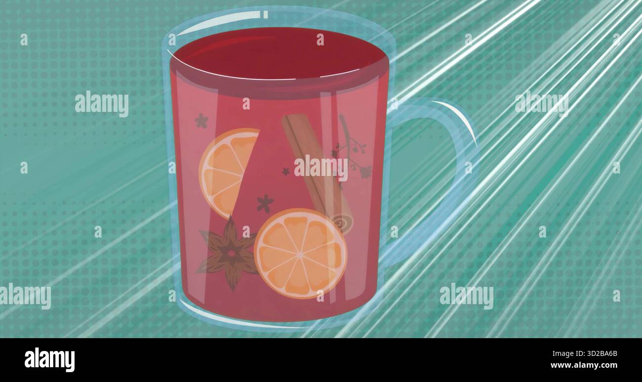 Tazza rossa con bevanda speziata sullo sfondo color tè con fette di arancia, cannella e anice stellato Foto Stock