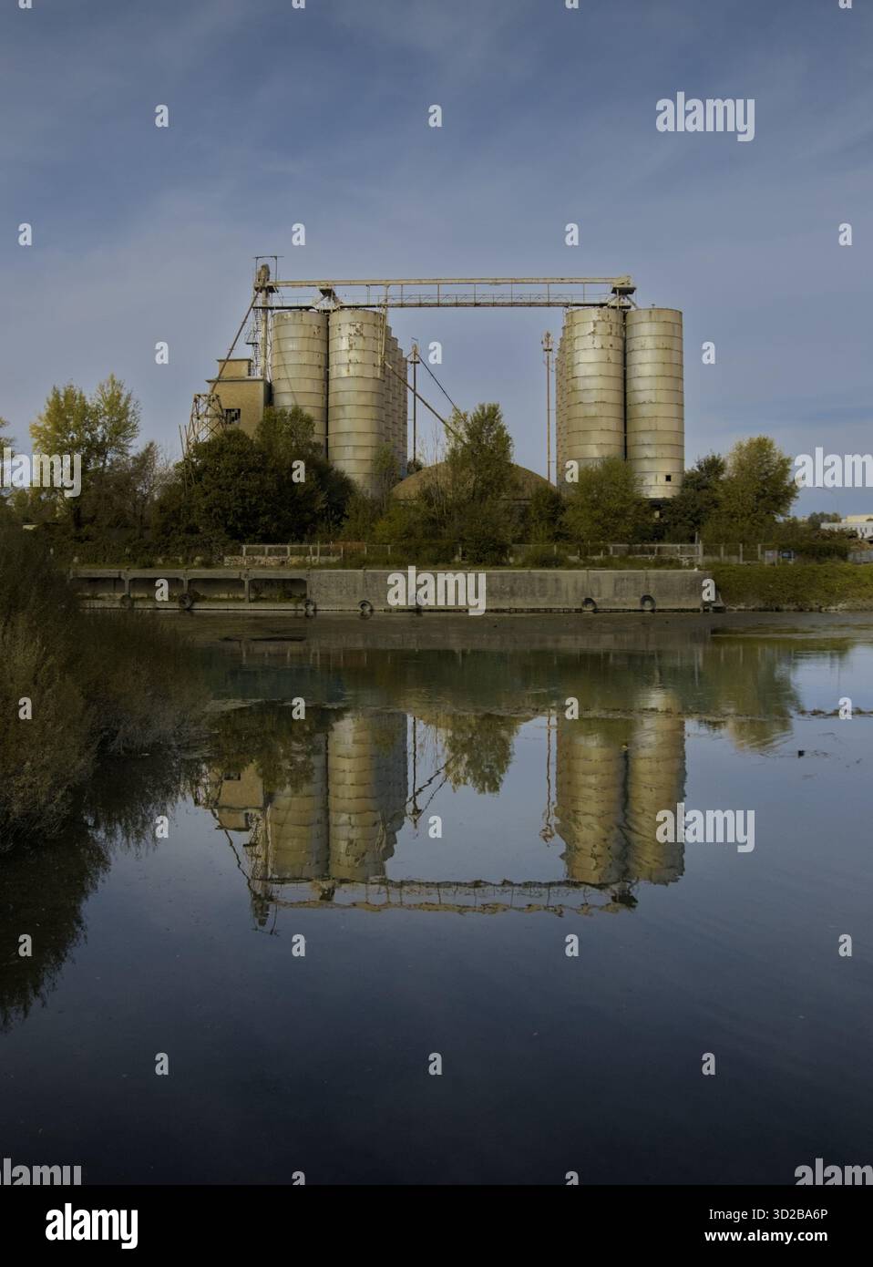 Silos industriali in metallo riflesso da un tranquillo lago, storiche strutture di stoccaggio in acciaio collegate da un passaggio pedonale e specchiate in acque calme con vegetazione selvaggia Foto Stock