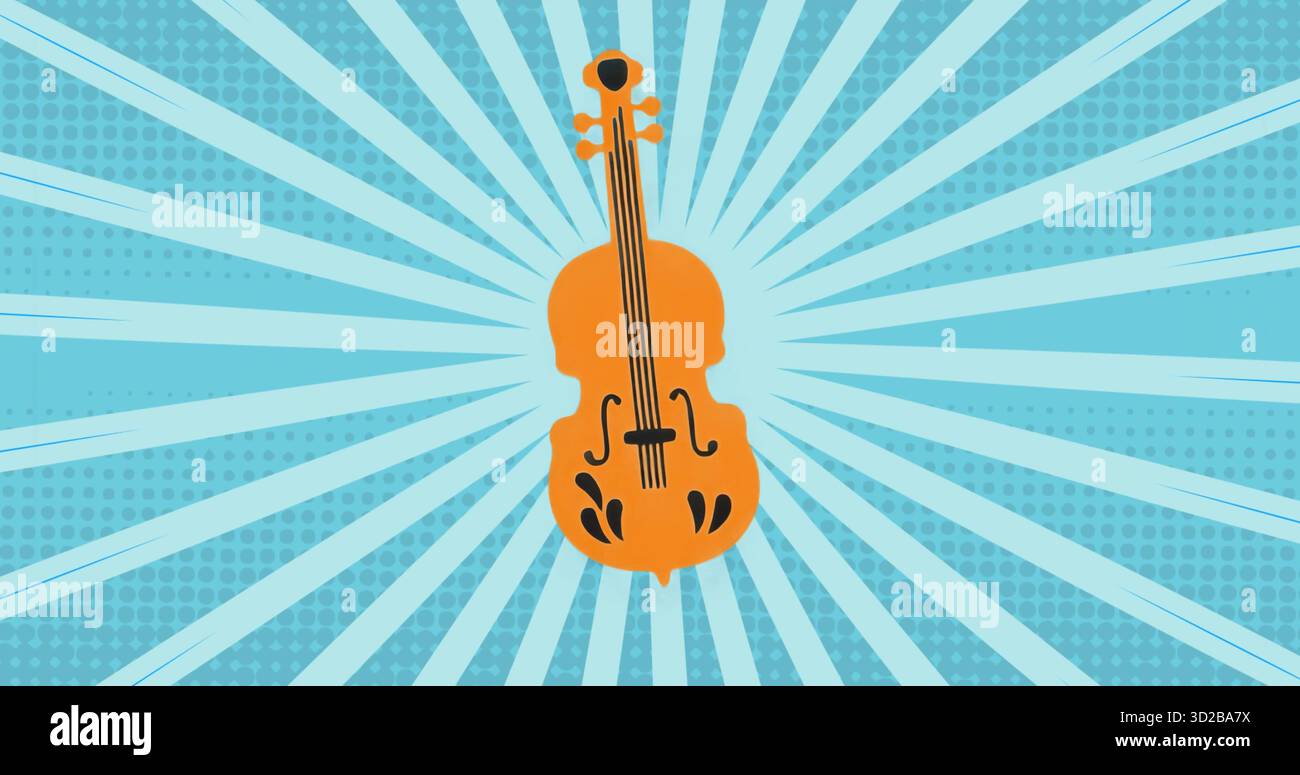 Mostra una silhouette viola arancione piatta centrata su sfondo blu, irradiando fasci azzurri Foto Stock