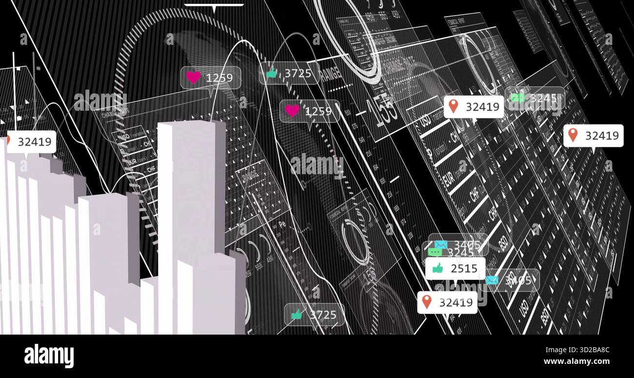 Visualizzazione del dashboard con grafico a barre 3D bianco a sinistra con icone metriche fluttuanti e spazio di copia Foto Stock