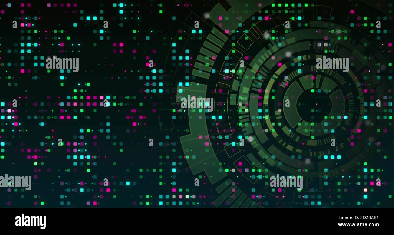 Visualizzazione dell'interfaccia circolare che mostra anelli, blocchi e quadrati di pixel nel cyberspazio, spazio di copia Foto Stock