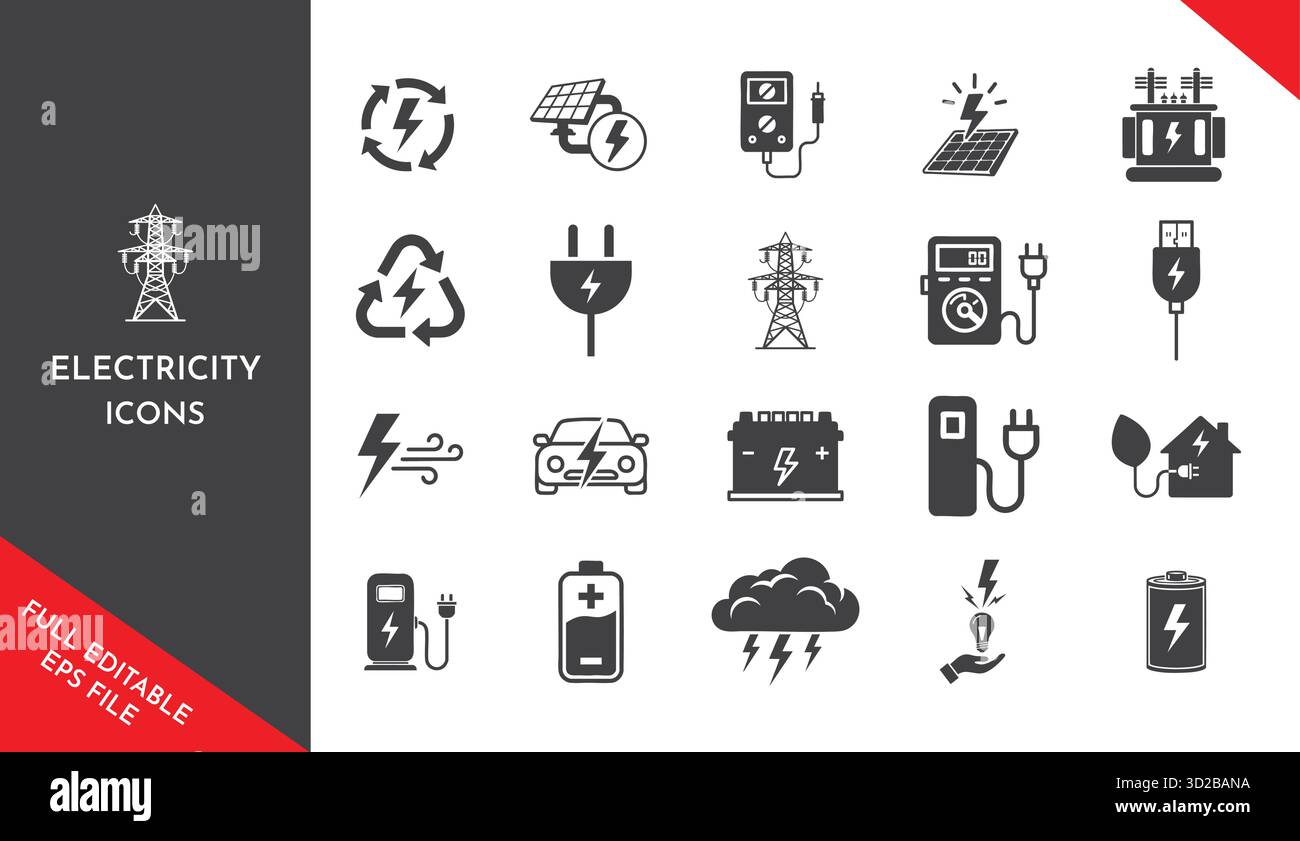 Set icone elettricità. La produzione di energia, l'energia rinnovabile, le stazioni di ricarica e le soluzioni di energia verde sono simboli per lo sviluppo sostenibile. Illustrazione Vettoriale