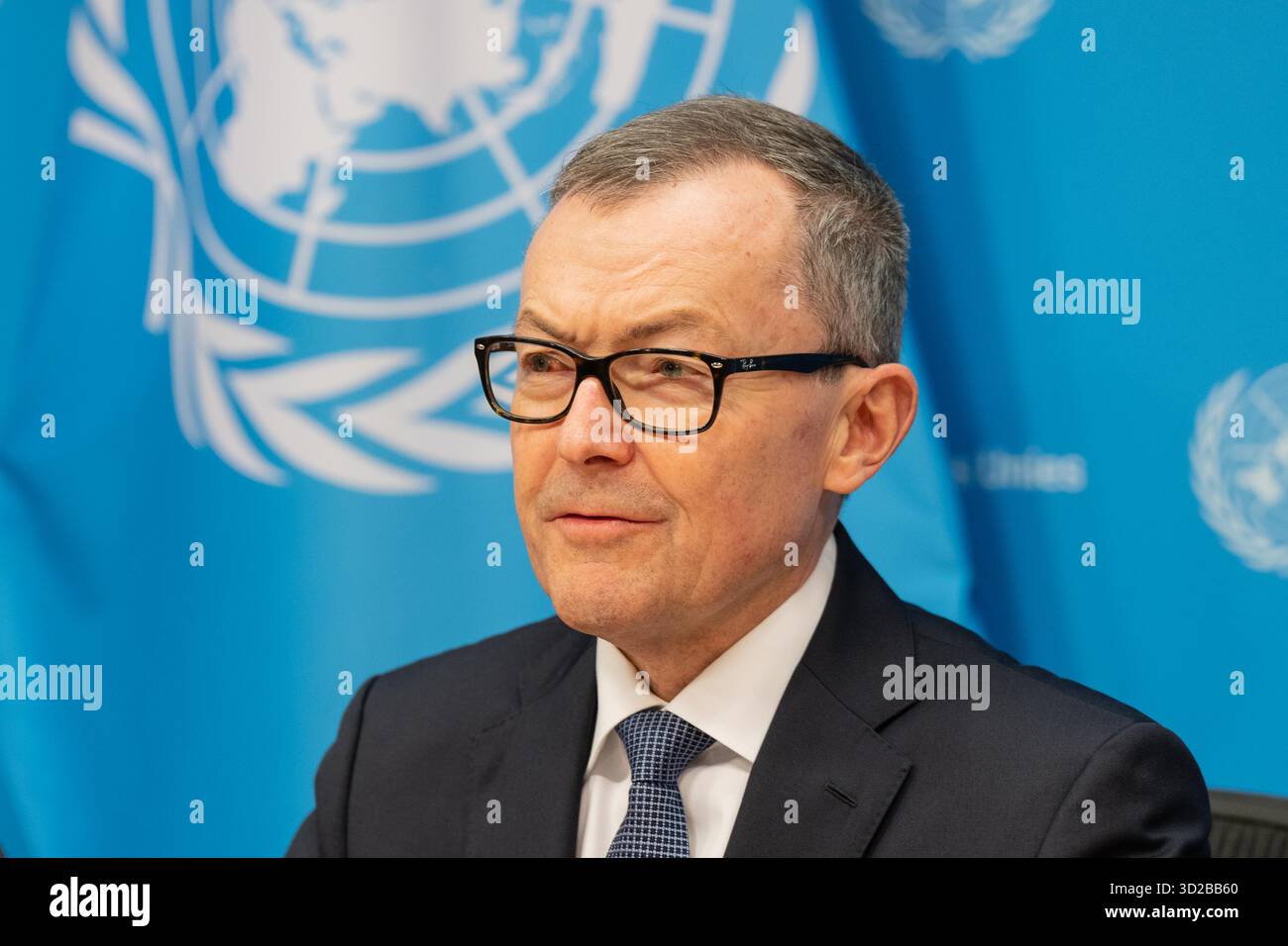 Bronx, New York, Stati Uniti. 31 ottobre 2025. L'ambasciatore JÃ¼rg Lauber, presidente del Consiglio per i diritti umani, parla alla stampa presso la sede delle Nazioni Unite a New York, New York, il 31 ottobre 2025. (Credit Image: © Lev Radin/ZUMA Press Wire) SOLO PER USO EDITORIALE! Non per USO commerciale! Foto Stock