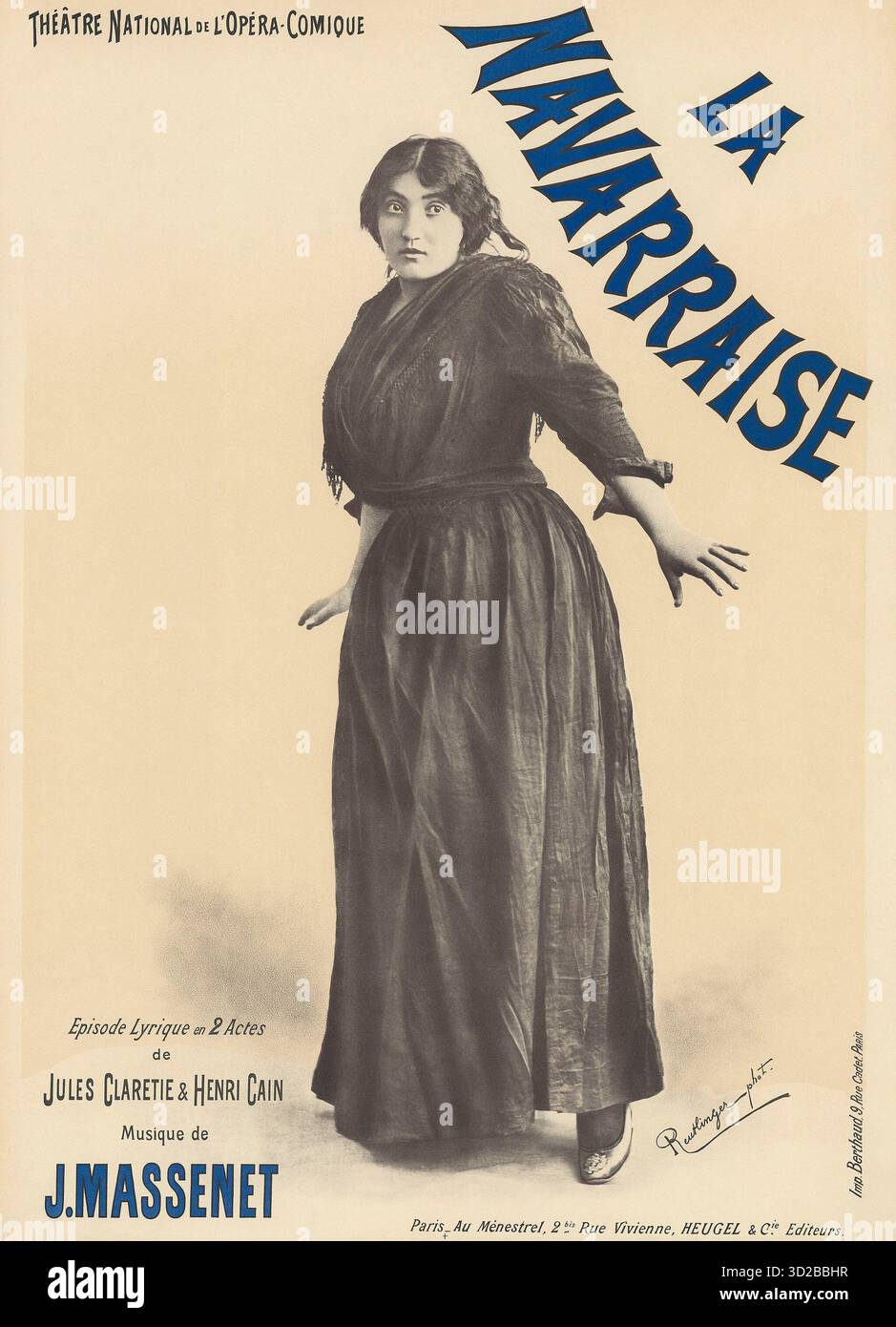 Poster vintage del 1895 per la Navarraise, un dramma lirico in due atti di Jules Claretie e Henri Cain con musiche di Jules Massenet. Presenta il soprano Emma Calvé nel ruolo di Anita per la prima francese al Théâtre National de l'Opéra-Comique, Parigi, il 3 ottobre 1895 Foto Stock