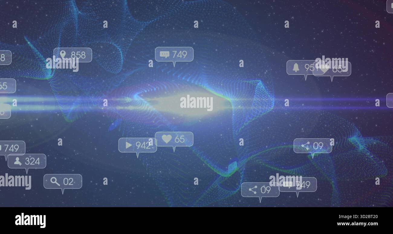 Forme d'onda oscillanti che convergono intorno alla luce centrale nello spazio virtuale con notifiche sui social media Foto Stock