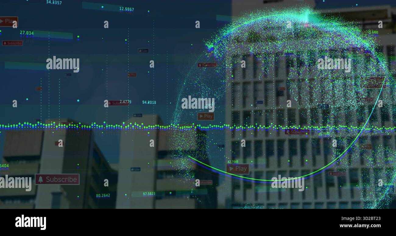 Globo 3D mobile con etichette numeriche sopra edifici di uffici, linea grafica tratteggiata, spazio di copia Foto Stock