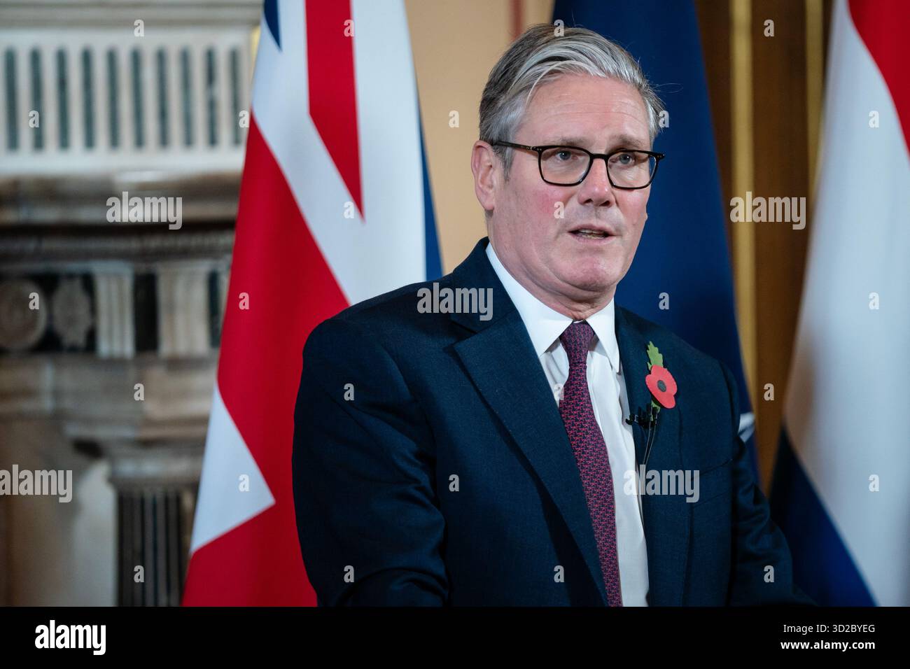Londra, Regno Unito, 24 ottobre 2025. Il primo ministro britannico Starmer, durante una conferenza stampa dopo un incontro con la coalizione dei volenterosi sulla situazione in Ucraina. Bart Maat/Alamy Live News netherlands Out - belgio Out Foto Stock