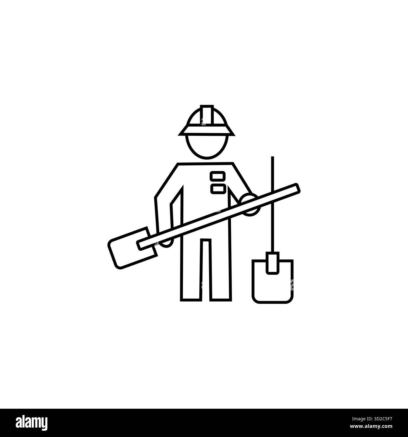 Icona minatore. Simbolo del lavoro industriale. Uomo vettoriale pala. Elemento minerario del carbone. Illustrazione Vettoriale