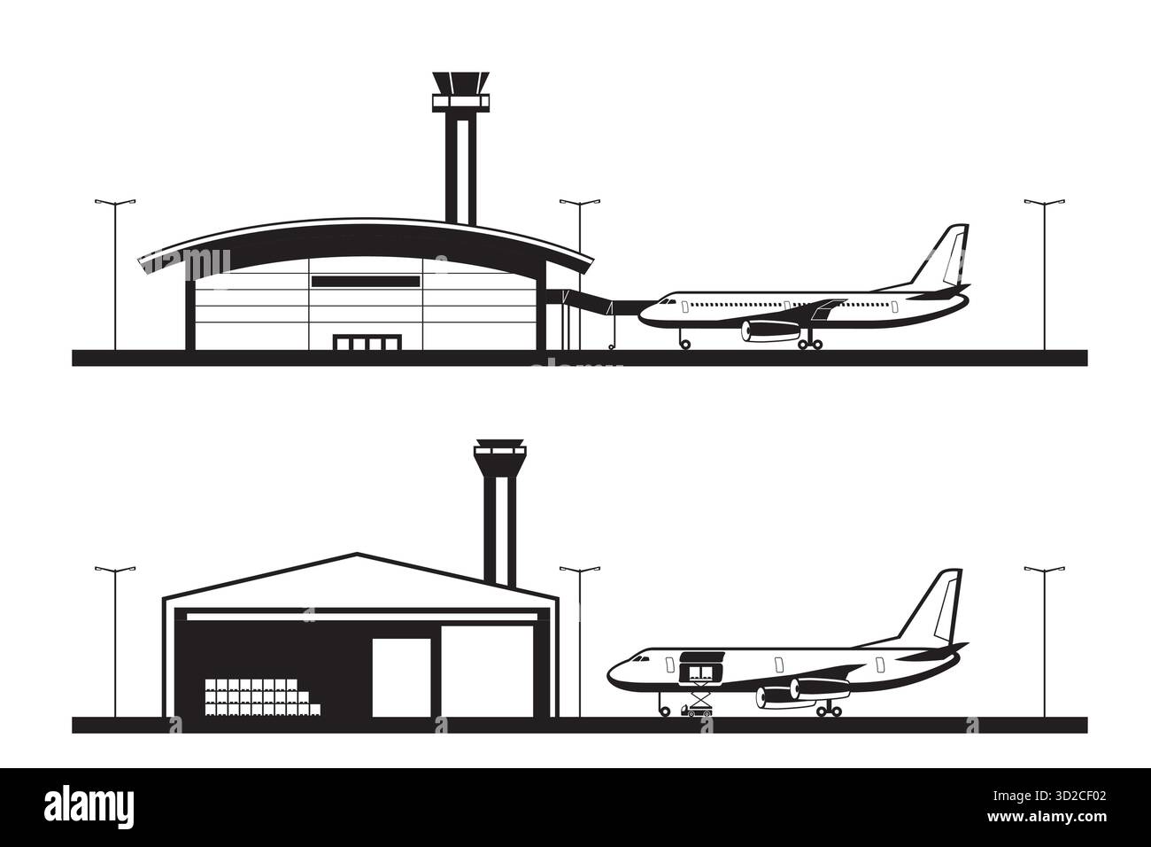 Aerei passeggeri e cargo presso il terminal aeroportuale - illustrazione vettoriale Illustrazione Vettoriale