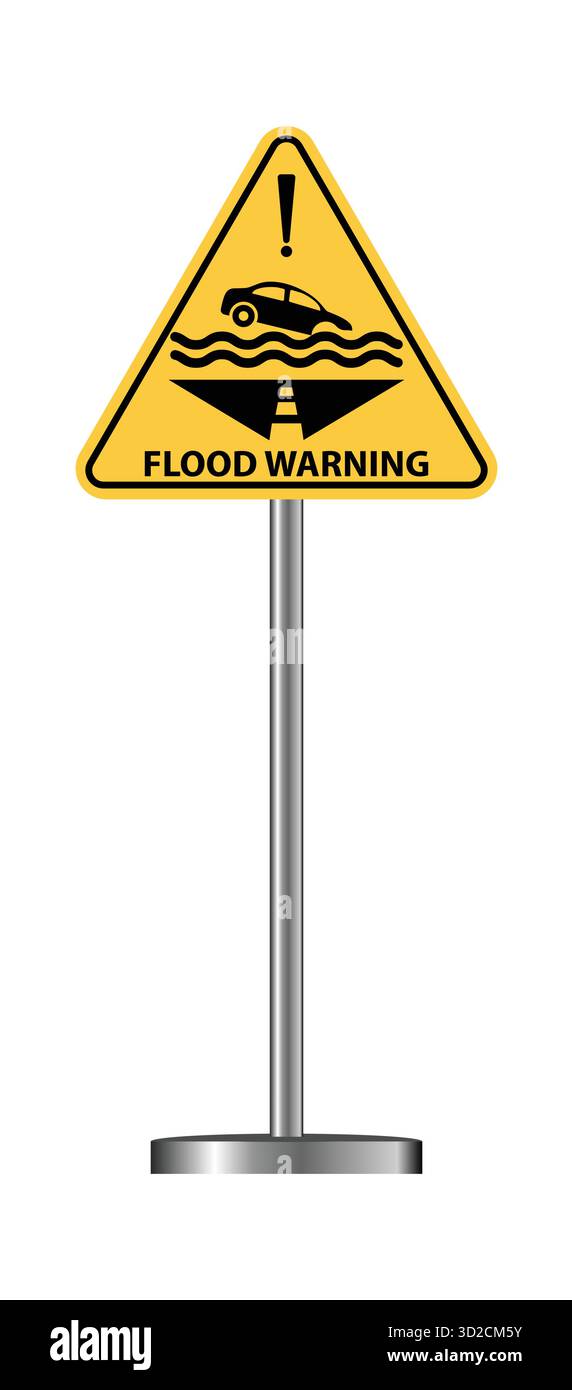 Cartello segnaletico stradale allagato con cartello simbolo auto sommerso Illustrazione Vettoriale
