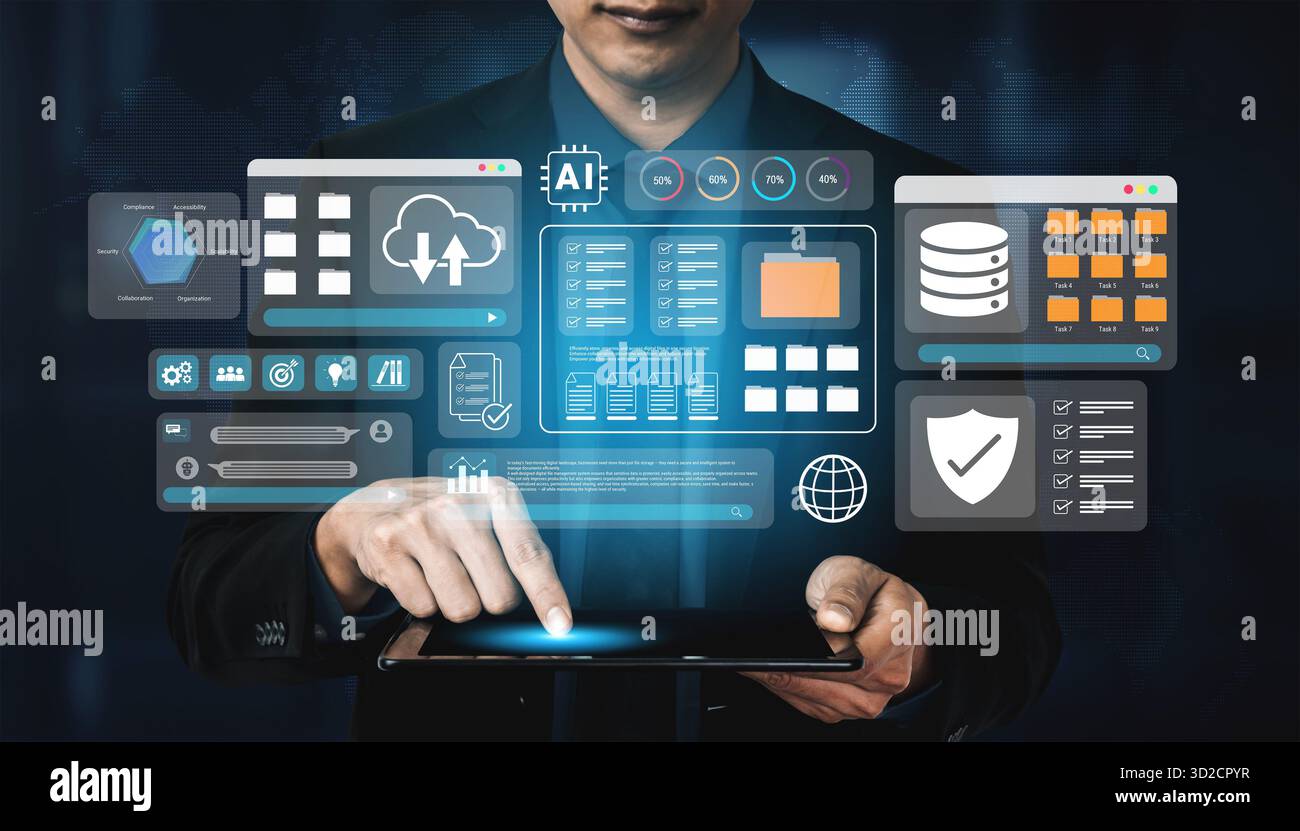 Il sistema di gestione dei file digitali migliora la collaborazione, migliora il flusso di lavoro e supporta l'analisi sicura dell'archiviazione cloud Foto Stock