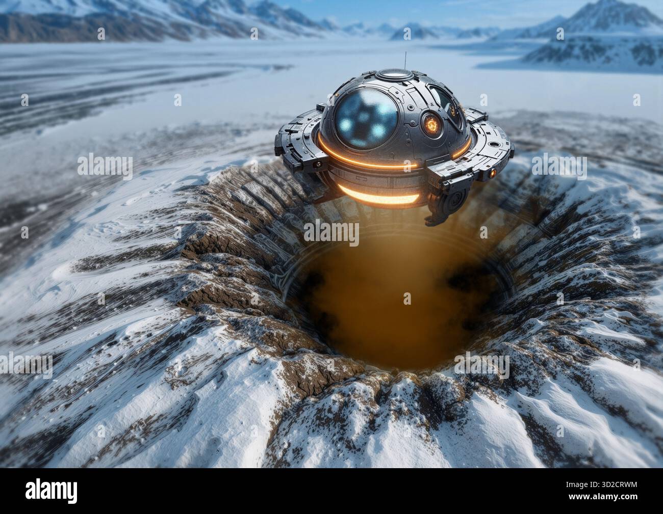 Illustrazione di un fenomeno aereo non identificato (UAP) che emerge dal sottosuolo in Antartide. Foto Stock