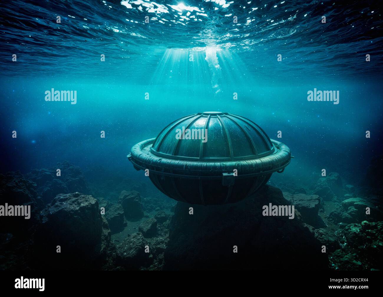 Illustrazione di un fenomeno aereo non identificato (UAP) sul fondo dell'oceano. Foto Stock