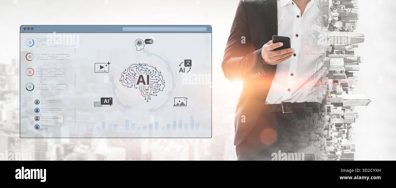 Un dashboard di intelligenza artificiale generativa per la creazione di contenuti multimediali diversificati. Il cervello digitale della piattaforma può generare anche immagini, video, voce e testo Foto Stock