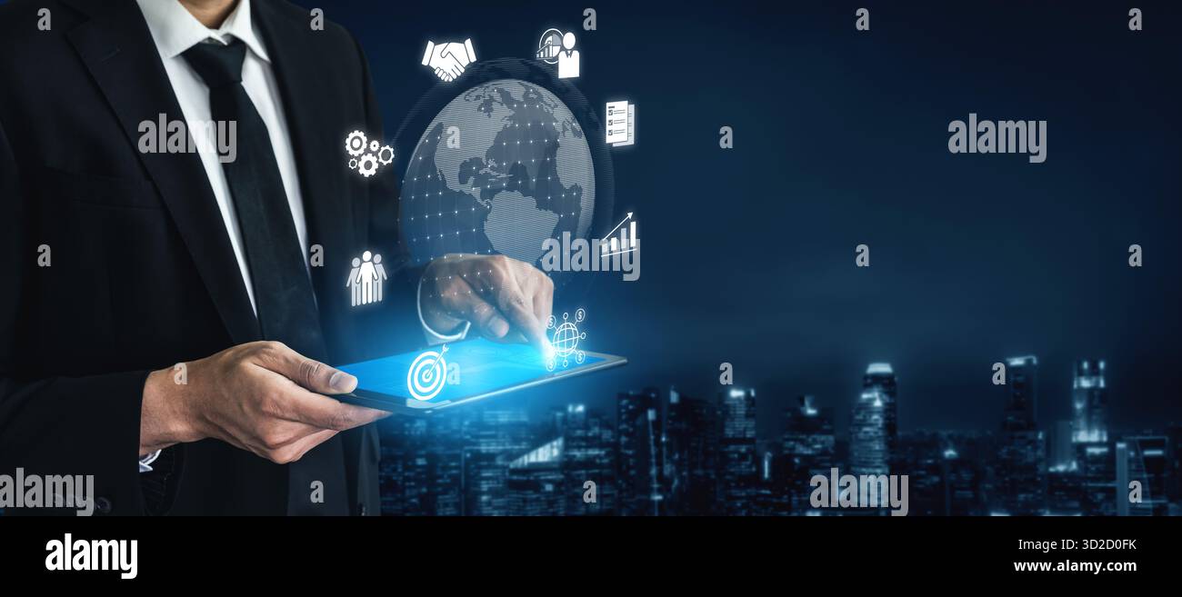 La strategia di marketing e finanza globale supporta l'espansione aziendale attraverso la pianificazione internazionale, strumenti digitali e marketing transfrontaliero per il mercato globale Foto Stock