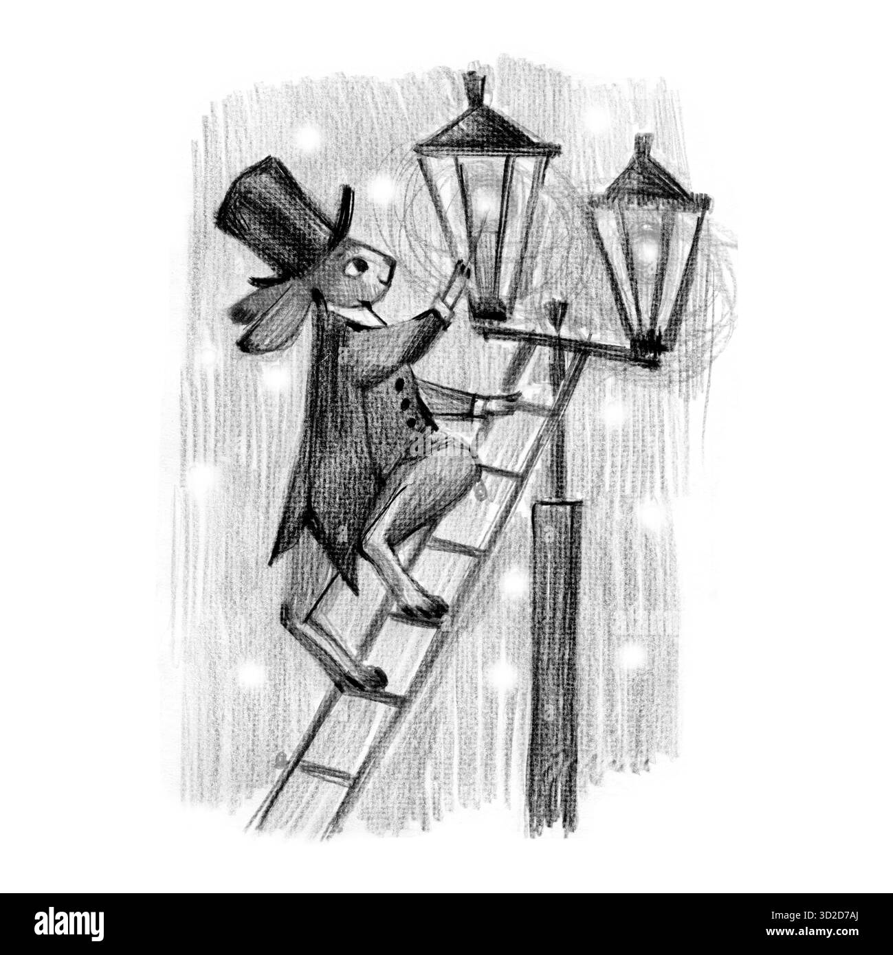 Lamplighter lepre una simpatica illustrazione in stile vintage. Matite colorate immagine disegnata a mano. Foto Stock