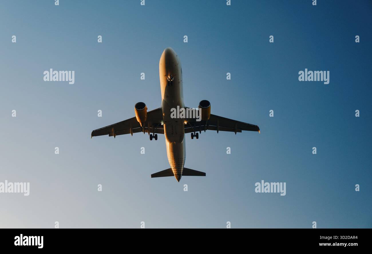 L'immagine mostra un aereo catturato da una prospettiva terrestre, guardando verso il cielo. L'aereo sembra essere in volo, con l'atterraggio Foto Stock