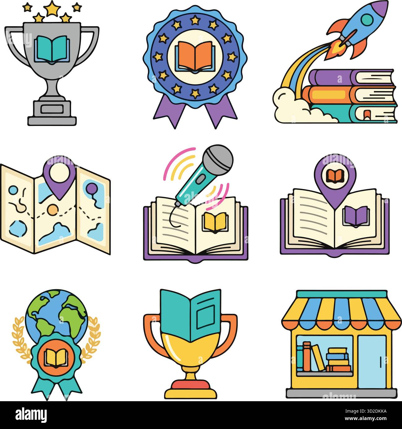 Premi letterari e pietre miliari icone colorate. Set di simboli Premio libro, distintivo bestseller, intervista autore e Tour libro. Illustrazione Vettoriale
