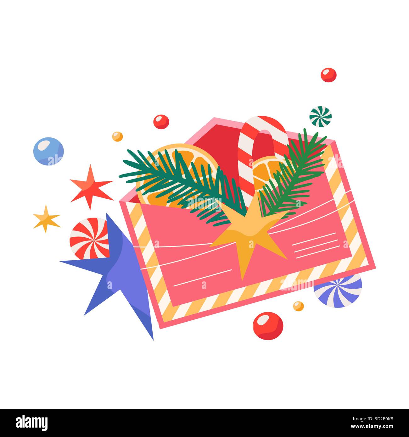 Lettera di Capodanno o saluto natalizio. Busta vettoriale con caramelle o dolci, dolcetti. Cartolina di corrispondenza festiva per l'invito e la felice festa di Natale. Simbolo messaggio post natalizio di dicembre Illustrazione Vettoriale