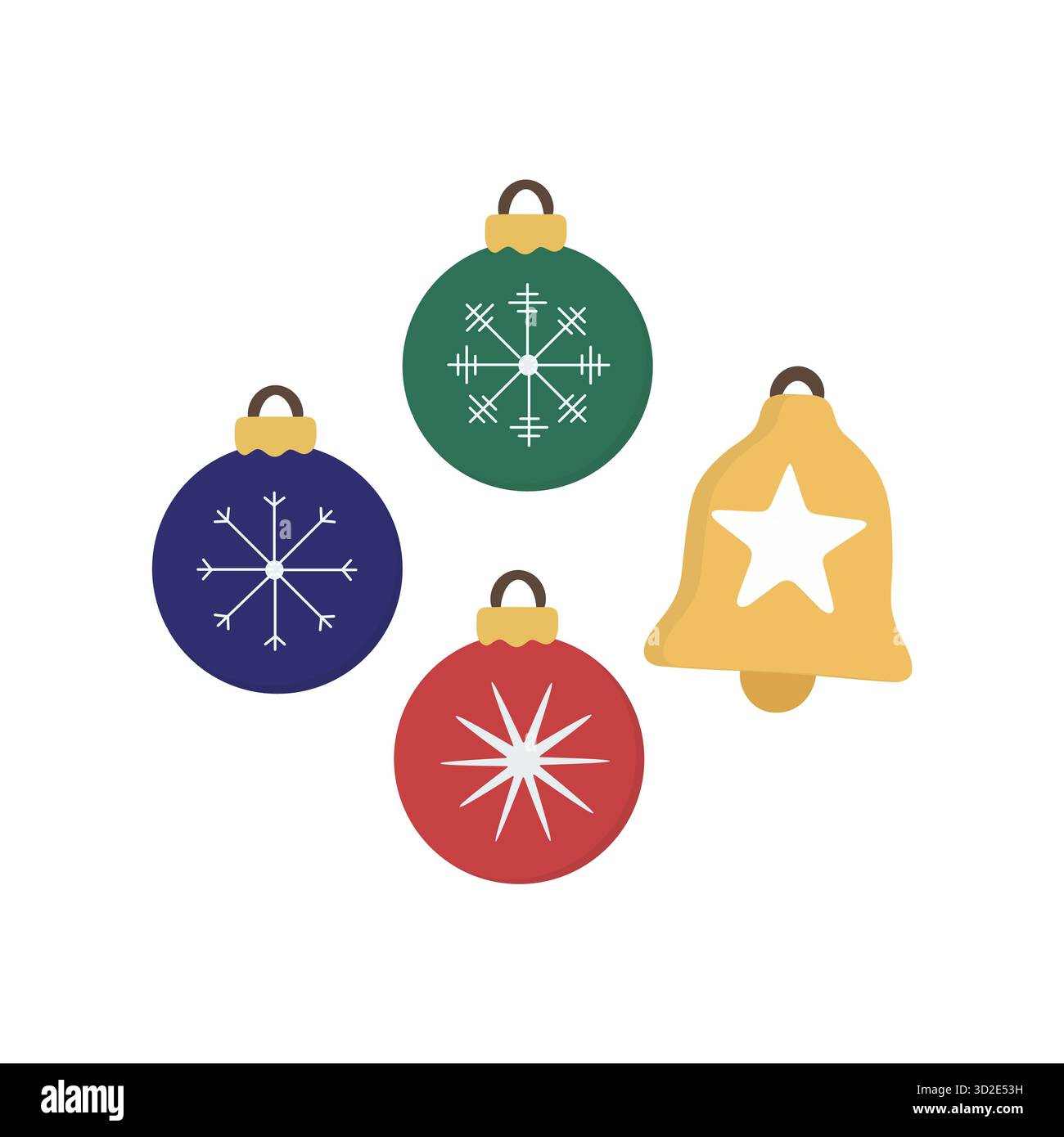 Quattro ornamenti festivi tra cui palline blu, verde e rosso con motivi a fiocco di neve e una campana gialla. Ideale per il design stagionale e la grafica per le vacanze. Illustrazione Vettoriale