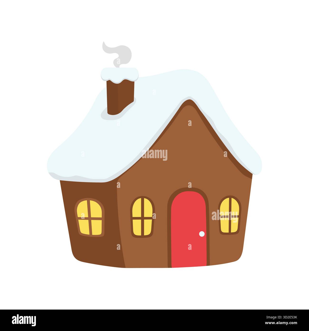 Casa dei cartoni animati marrone con porta rossa, finestre luminose e tetto coperto di neve. Un soffio di fumo dal camino aggiunge calore. Ottimo per l'inverno, le vacanze, il AN Illustrazione Vettoriale