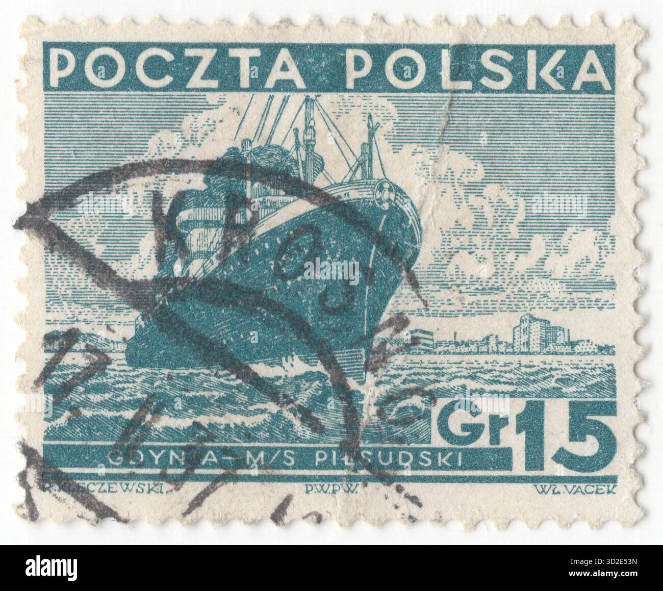 POLONIA — 1935 agosto 5: 15 francobollo verde prussiano grosz raffigurante la signora “Pilsudski”, in seguito ribattezzata ORP Piłsudski, era un transatlantico di medie dimensioni della Marina mercantile polacca, intitolato al maresciallo Józef Piłsudski, un eroe nazionale della Polonia. Fu uno statista polacco che servì come capo di Stato e primo maresciallo di Polonia (dal 1920). All'indomani della prima guerra mondiale, divenne una figura sempre più dominante nella politica polacca e esercitò un'influenza significativa sulla definizione della politica estera del paese. Piłsudski è visto come un padre della seconda Repubblica polacca Foto Stock