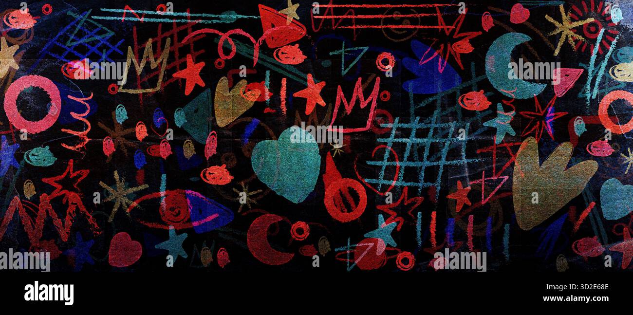 Vibranti scarabocchi astratti disegnati a mano su sfondo scuro . Vibranti scarabocchi astratti e simboli disegnati a mano su carta marrone vecchia Foto Stock