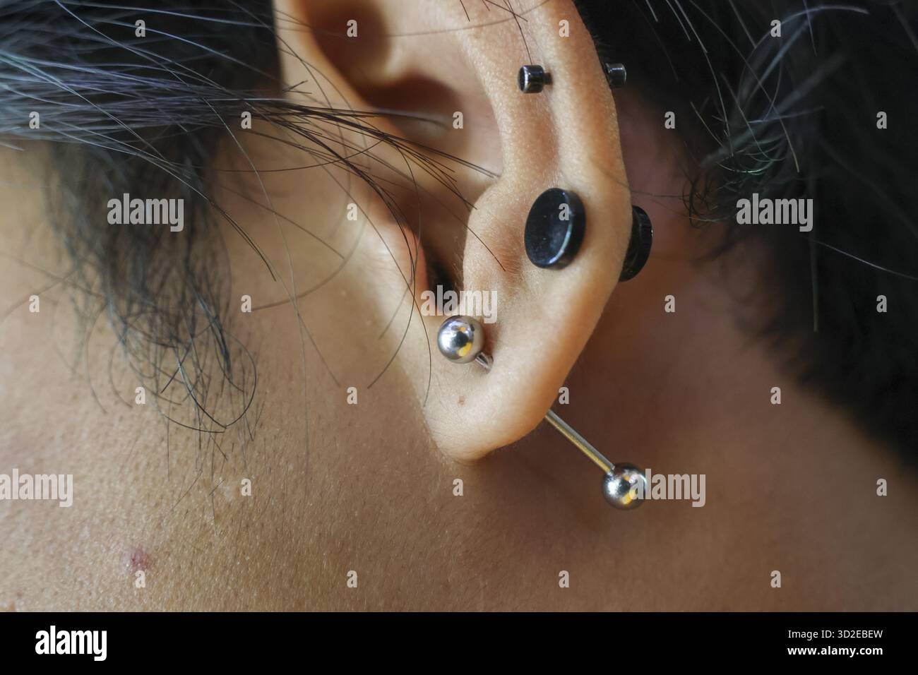 Primo piano di un orecchio con più gioielli perforanti. il campanello e le borchie industriali riflettono lo stile personale e la scelta di moda moderna nella body mod Foto Stock